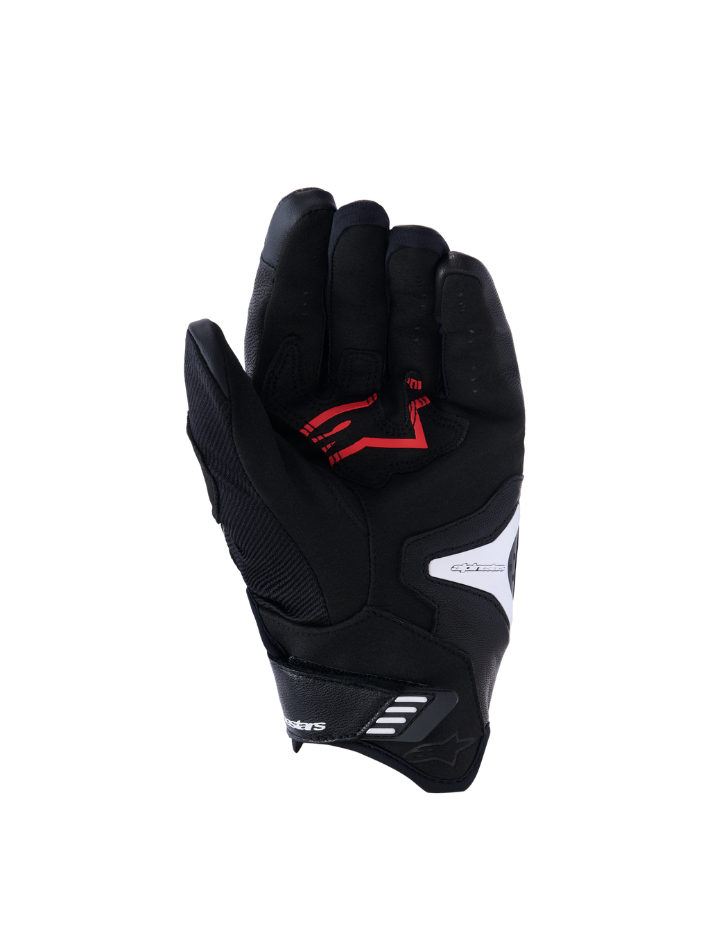 Guanti Alpinestars SP-R Pro, vista del palmo, nero, bianco e rosso acceso, con palmo in pelle sintetica rinforzata e logo rosso, dita in pelle traforata e dettagli del logo bianchi, progettati per la guida motociclistica sportiva