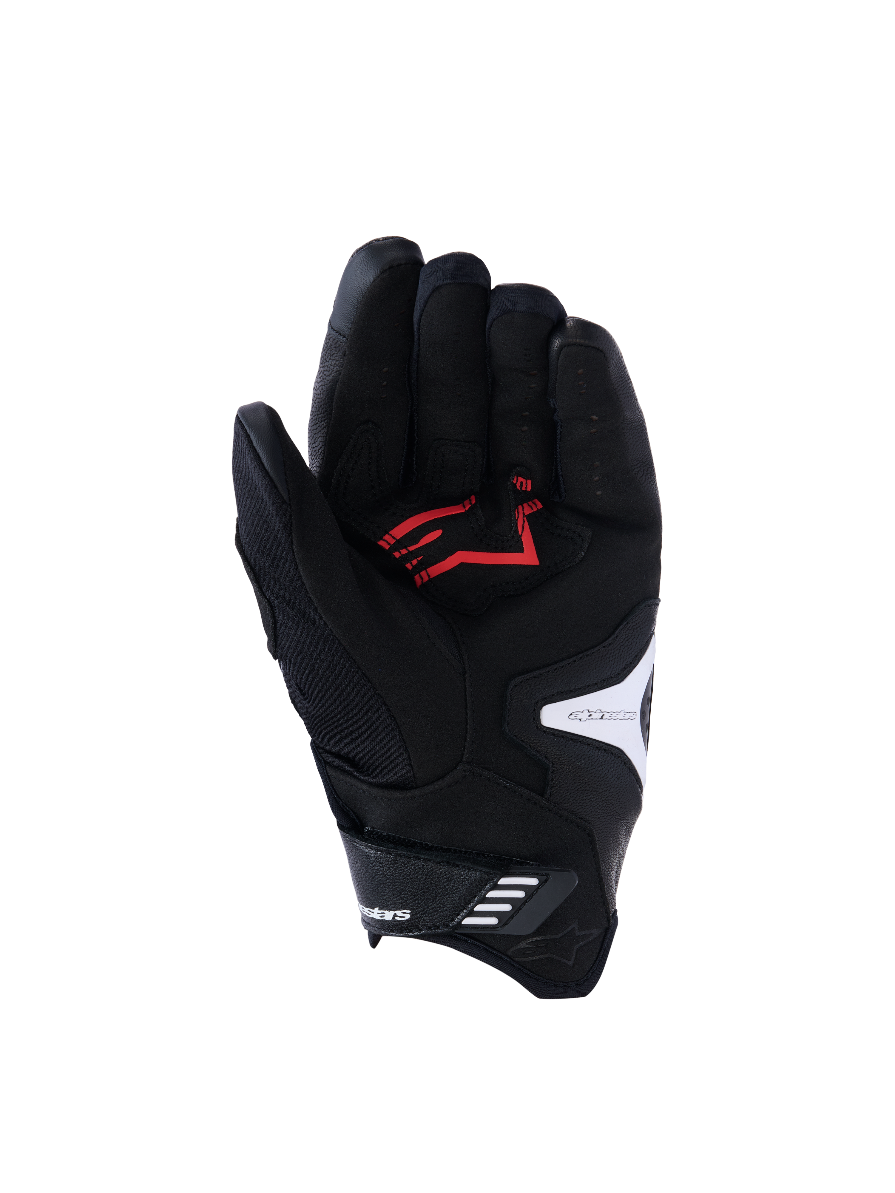 Guanti Alpinestars SP-R Pro, vista del palmo, nero, bianco e rosso acceso, con palmo in pelle sintetica rinforzata e logo rosso, dita in pelle traforata e dettagli del logo bianchi, progettati per la guida motociclistica sportiva