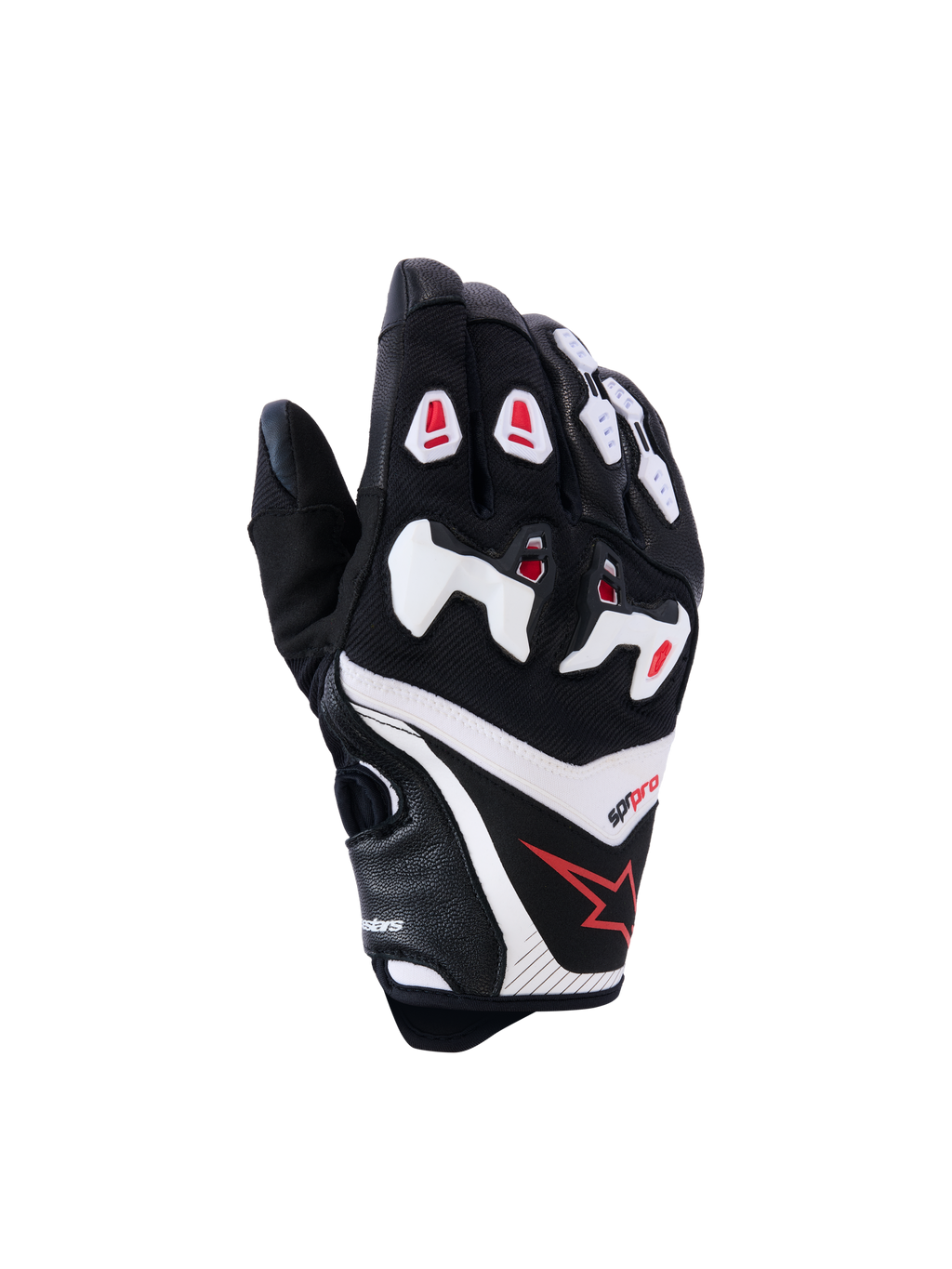 Guanti Alpinestars SP-R Pro, guanti da moto racing, nero con dettagli bianchi e rossi, vista del dorso con protezione delle nocche in TPU divisa, costruzione in pelle testurizzata e mesh, logo con stella rossa sul polso