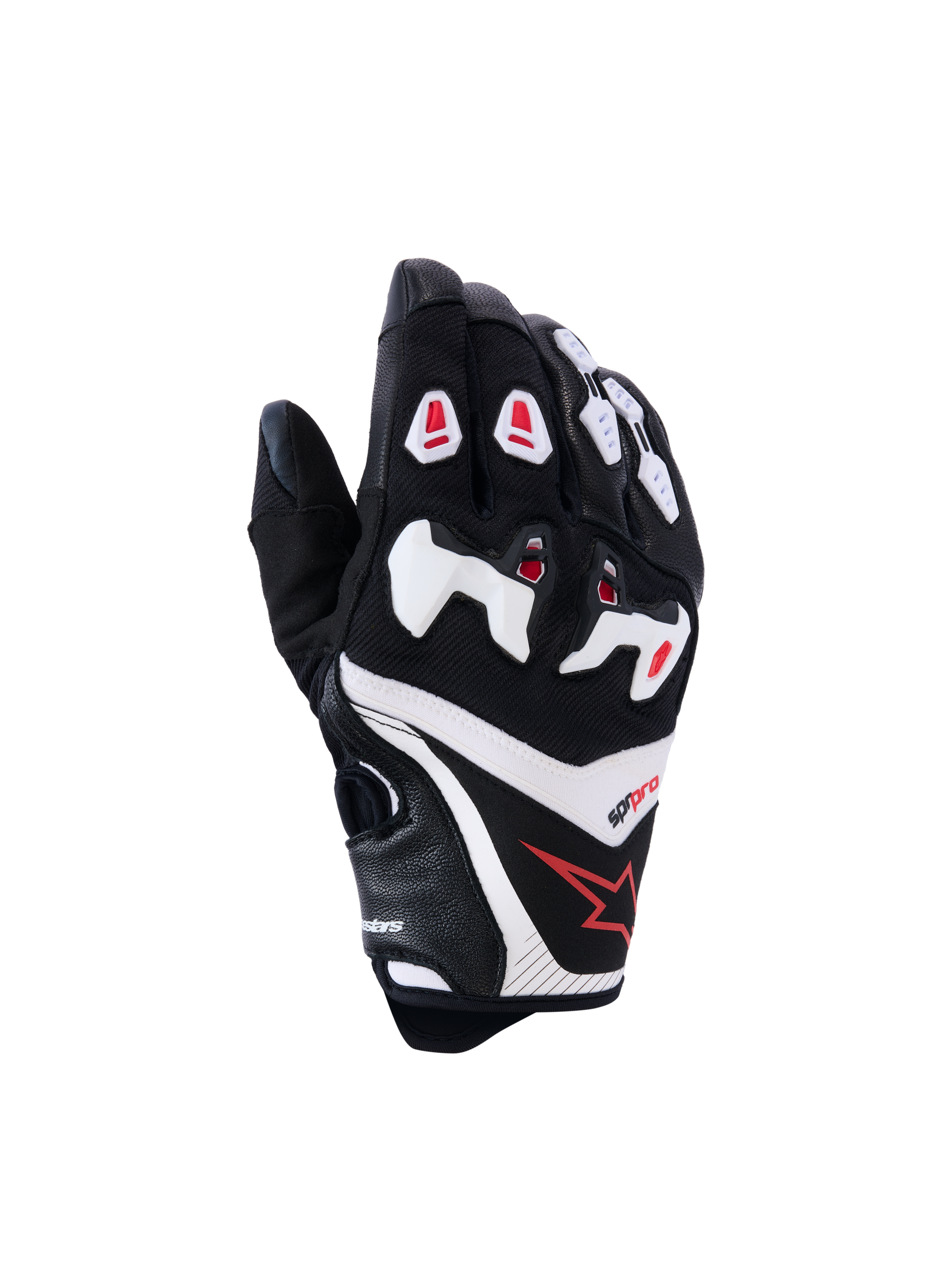Alpinestars SP-R Pro Gloves, guanti da moto racing, nero con dettagli bianchi e rossi, protezioni rigide sulle nocche e dita, logo stella rossa sul polso, materiali texturizzati e lisci