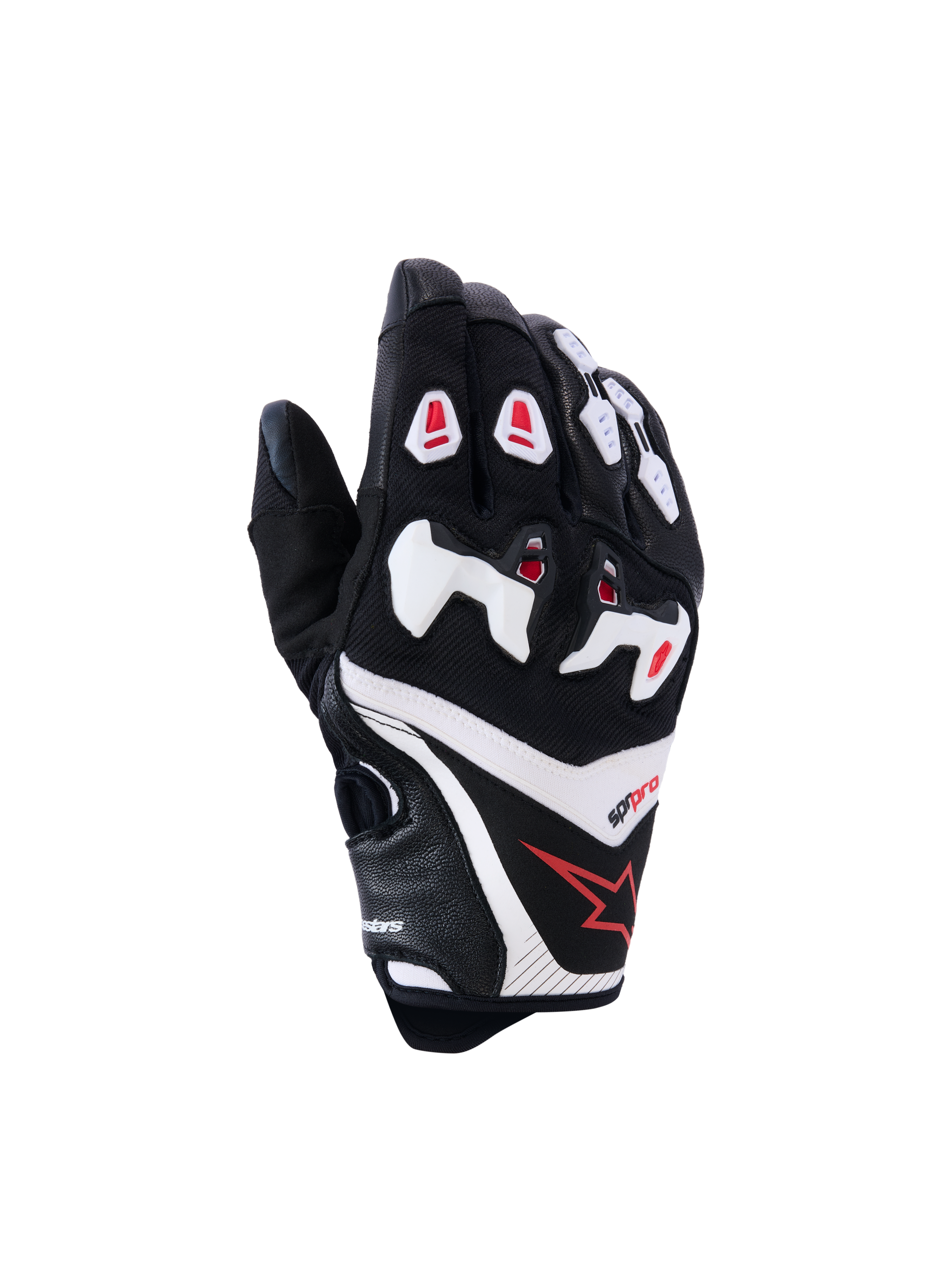 Guanti Alpinestars SP-R Pro, guanti da moto racing, nero con dettagli bianchi e rossi, vista del dorso con protezione delle nocche in TPU divisa, costruzione in pelle testurizzata e mesh, logo con stella rossa sul polso
