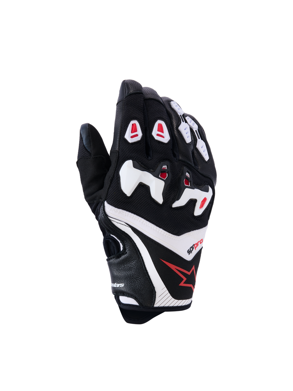 Guanti Alpinestars SP-R Pro, guanti da moto racing, nero con dettagli bianchi e rossi, vista del dorso con protezione delle nocche in TPU divisa, costruzione in pelle testurizzata e mesh, logo con stella rossa sul polso