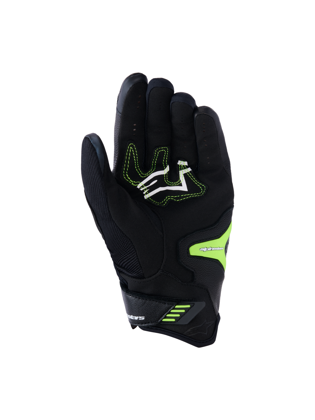 Guanti Alpinestars SP-R Pro, nero e giallo fluo, vista del palmo con zone di presa in pelle sintetica rinforzata, logo bianco con cuciture giallo neon e chiusura sicura del polso, progettati per prestazioni motociclistiche sportive