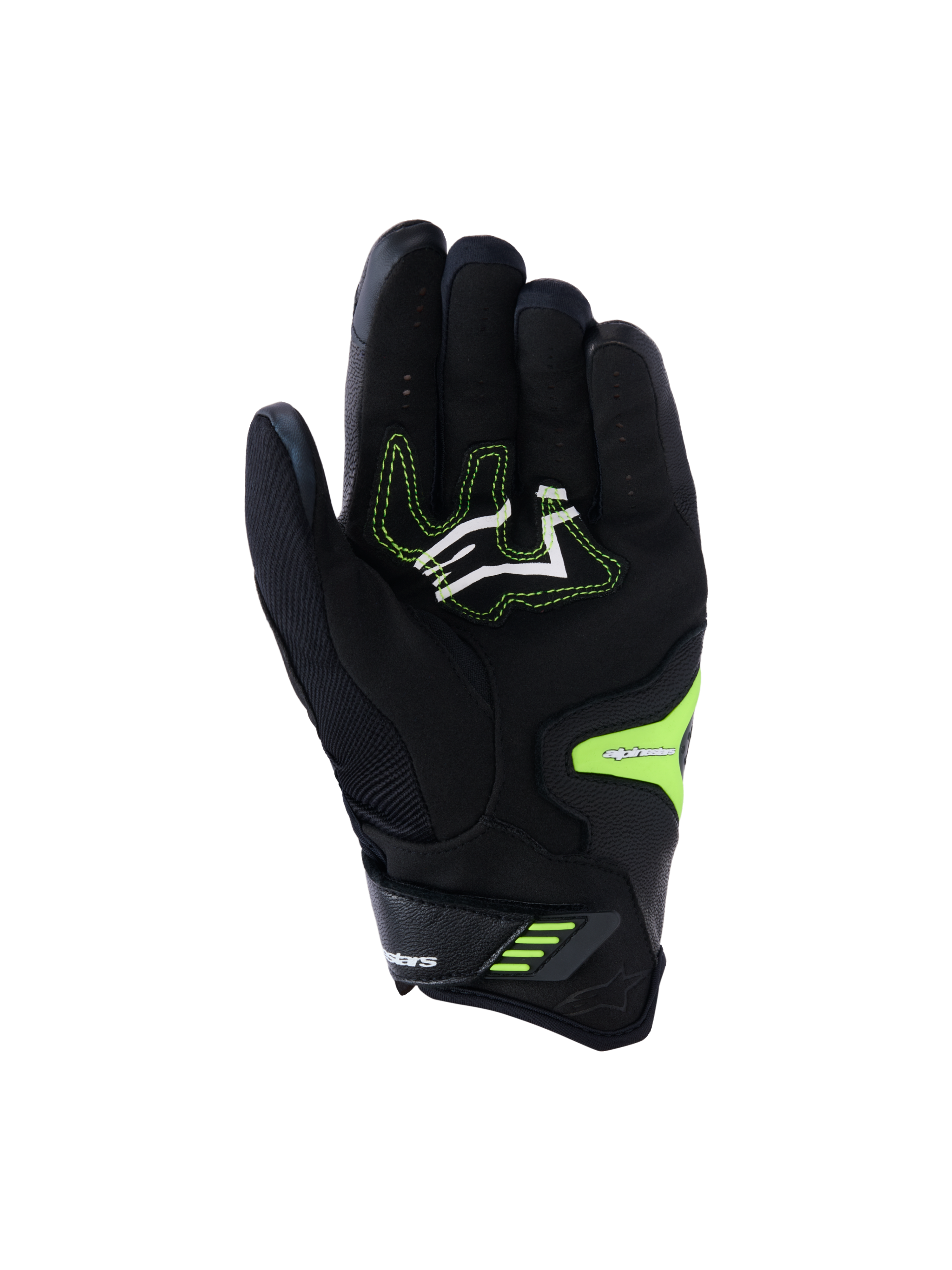 Guanti Alpinestars SP-R Pro, nero e giallo fluo, vista del palmo con zone di presa in pelle sintetica rinforzata, logo bianco con cuciture giallo neon e chiusura sicura del polso, progettati per prestazioni motociclistiche sportive
