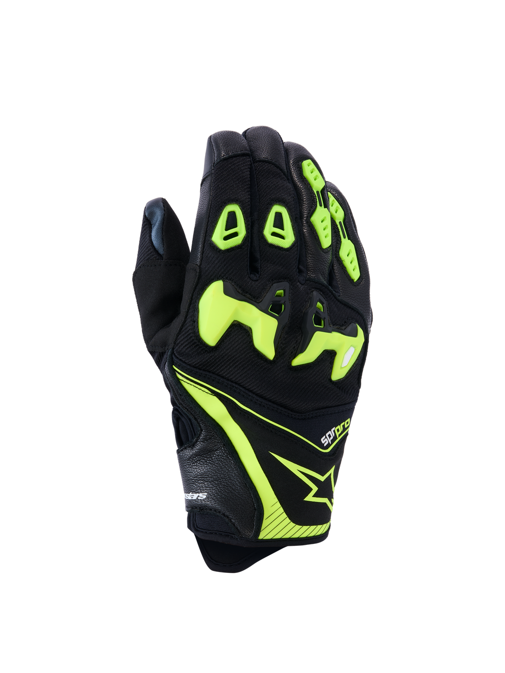 Guanti Alpinestars SP-R Pro, guanti da corsa per moto, nero e giallo fluo, con protezione nocche in TPU suddivisa, costruzione in pelle traforata e tessuto, vivaci dettagli neon con logo Alpinestars e marchio sp-r pro sul polsino