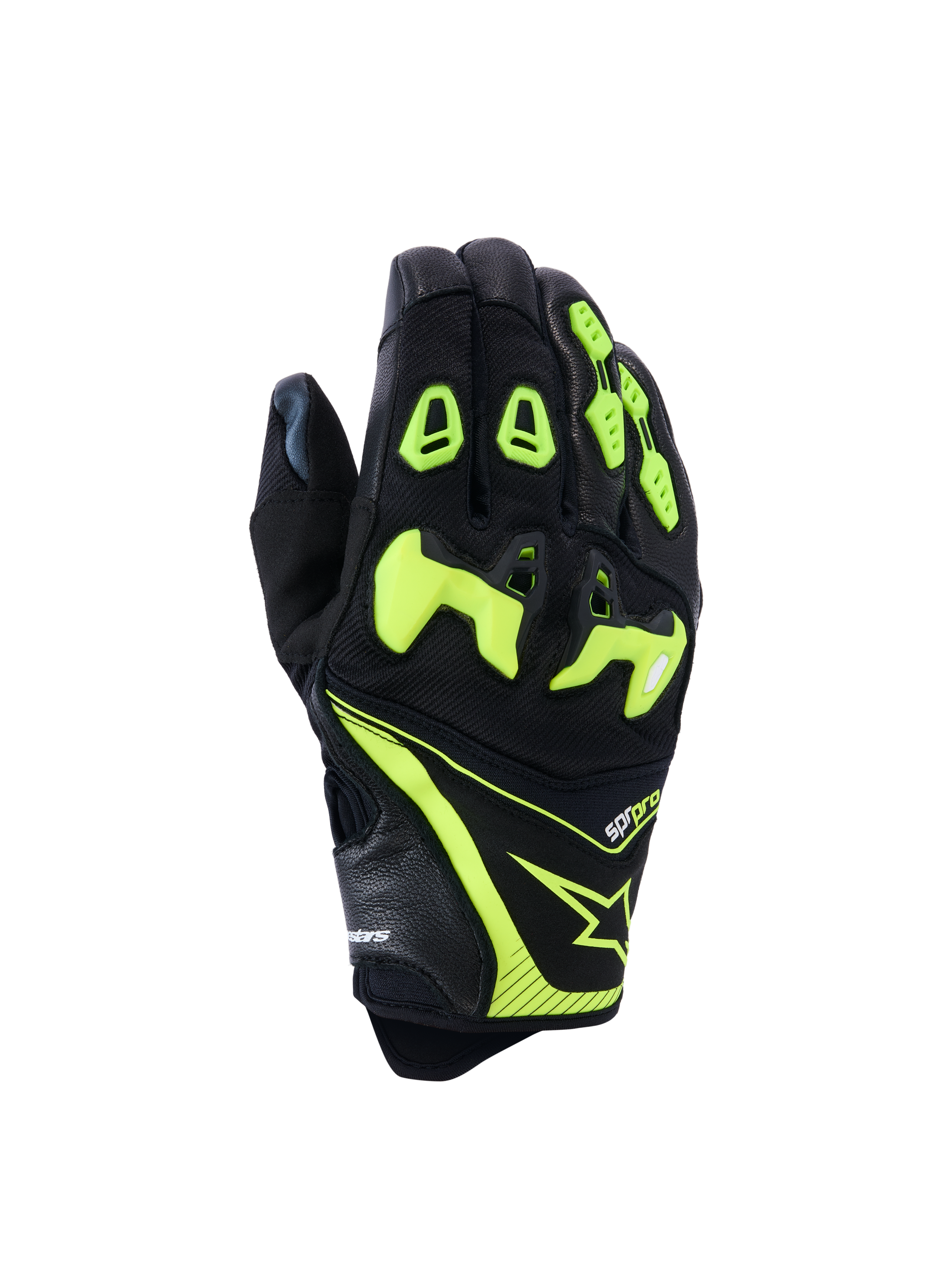 Guanti Alpinestars SP-R Pro, guanti da corsa per moto, nero e giallo fluo, con protezione nocche in TPU suddivisa, costruzione in pelle traforata e tessuto, vivaci dettagli neon con logo Alpinestars e marchio sp-r pro sul polsino