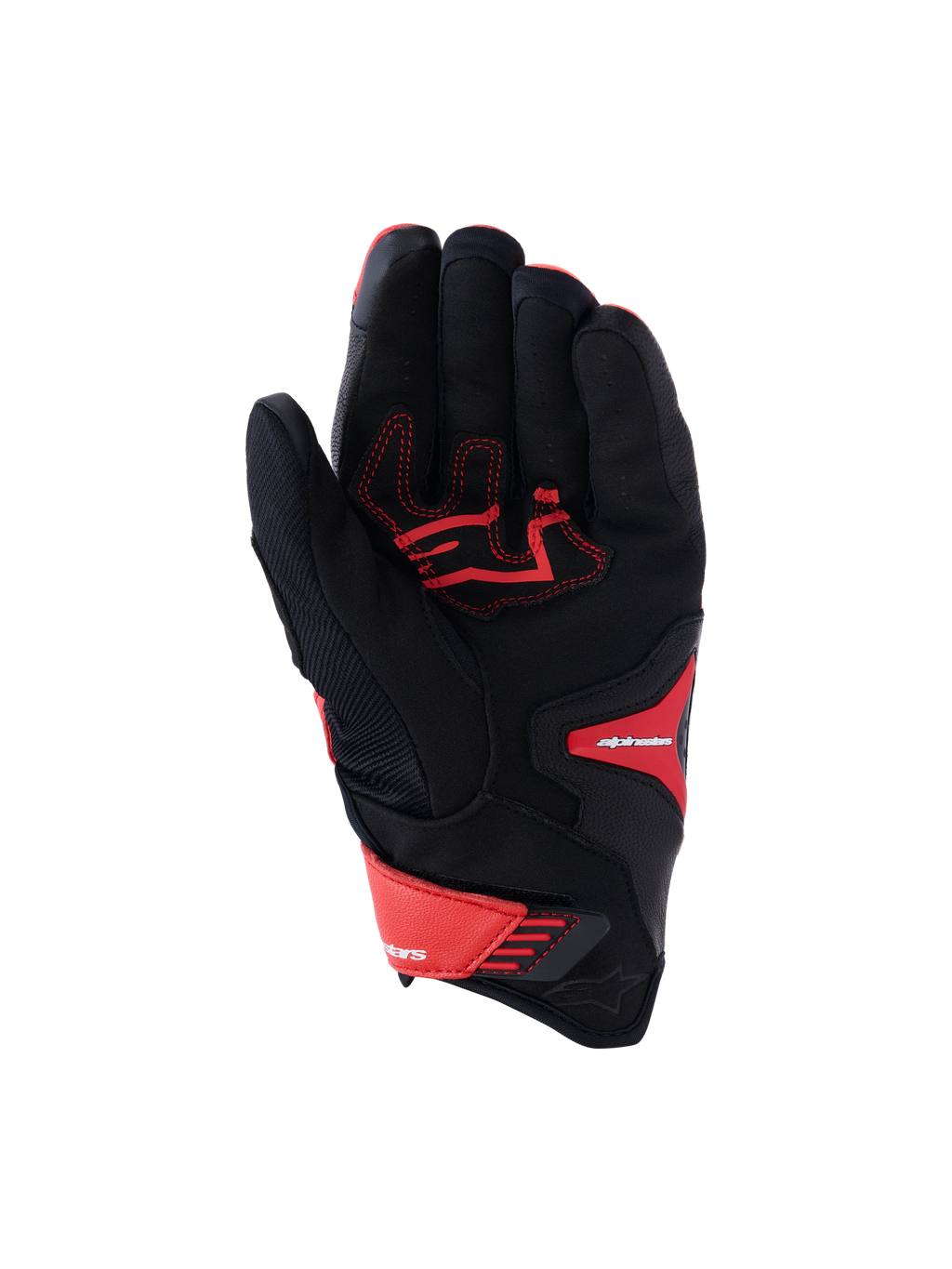 Guanti Alpinestars SP-R Pro, guanti da moto sportivi, rosso brillante, rosso fluo e nero, vista del palmo che mostra il palmo in pelle rinforzata con cuciture rosse a contrasto, struttura in tessuto e chiusura regolabile sul polso