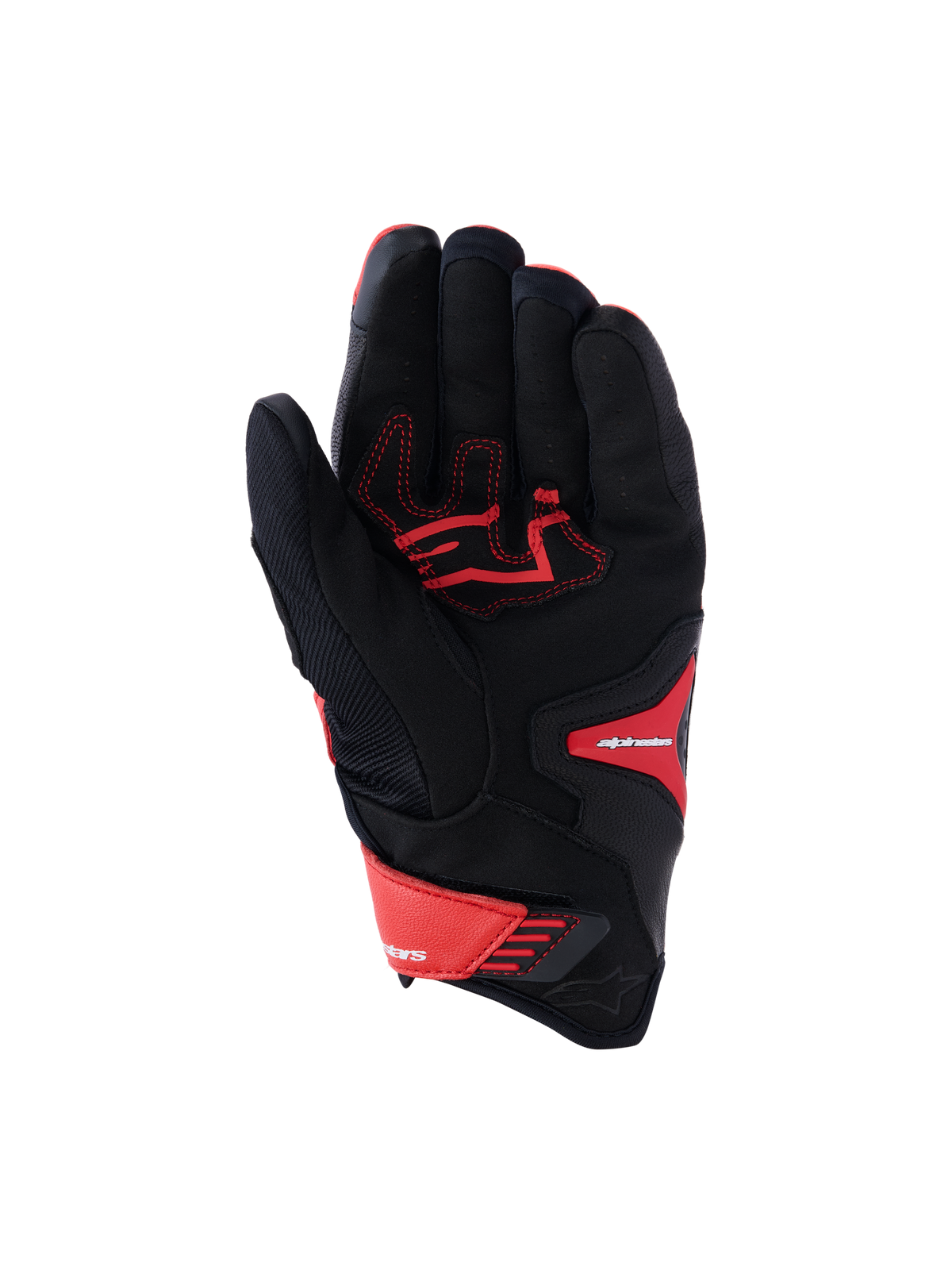 Guanti Alpinestars SP-R Pro, guanti da moto sportivi, rosso brillante, rosso fluo e nero, vista del palmo che mostra il palmo in pelle rinforzata con cuciture rosse a contrasto, struttura in tessuto e chiusura regolabile sul polso