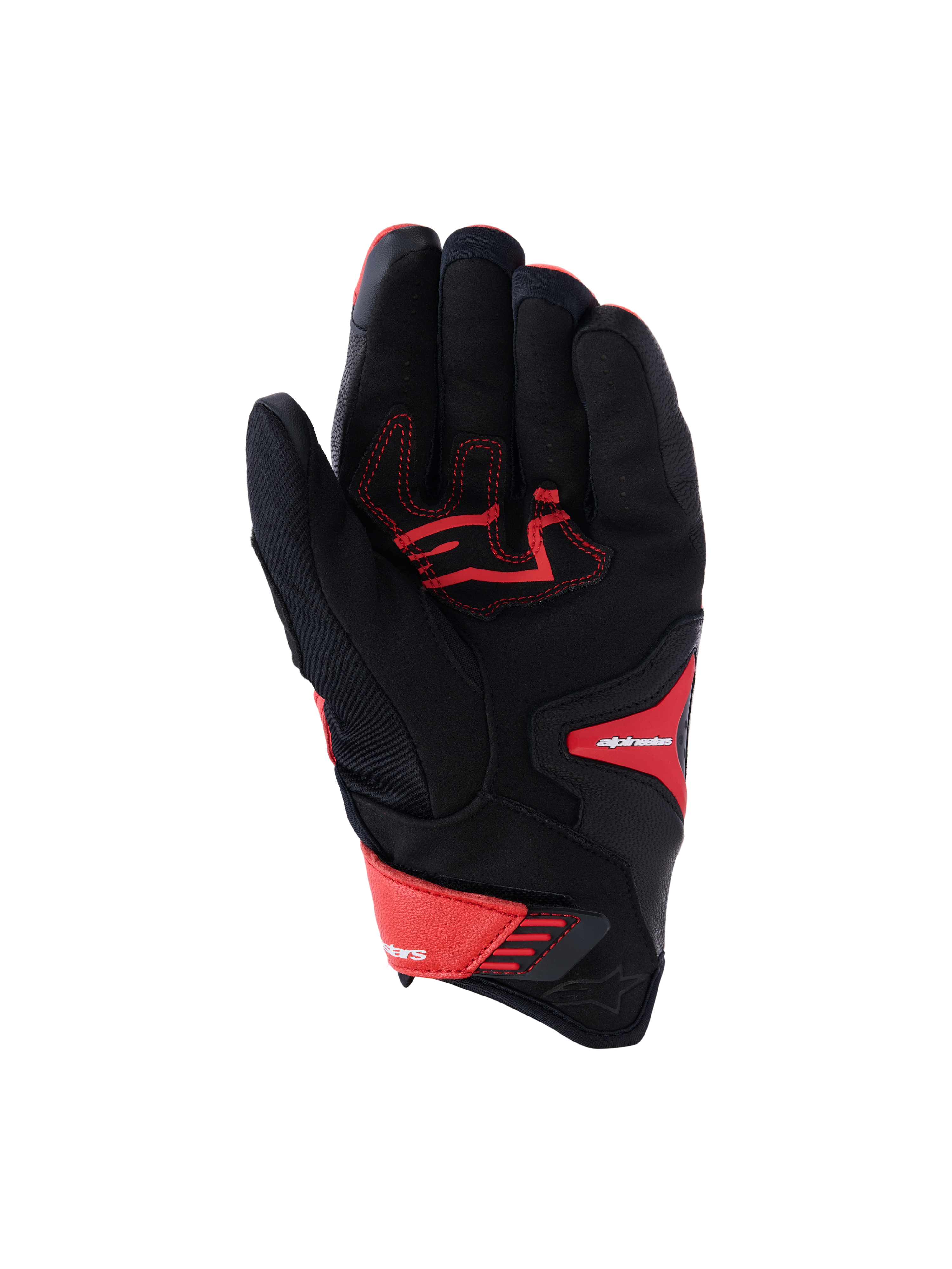 Guanti Alpinestars SP-R Pro, guanti da moto sportivi, rosso brillante, rosso fluo e nero, vista del palmo che mostra il palmo in pelle rinforzata con cuciture rosse a contrasto, struttura in tessuto e chiusura regolabile sul polso