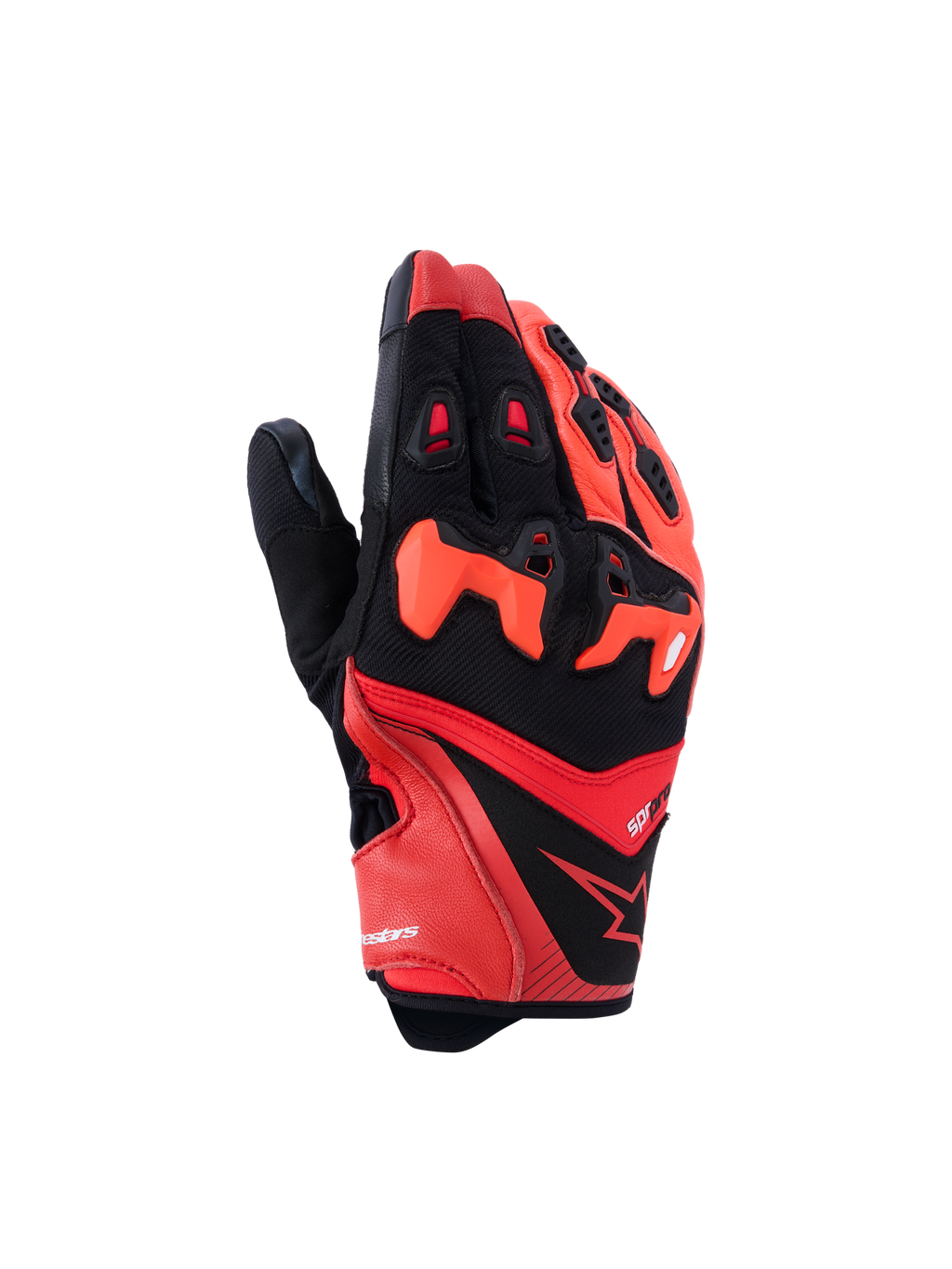 Guanti Alpinestars SP-R Pro, guanti da moto sportivi, rosso acceso, rosso fluo e nero, protezione nocche in TPU divisa, dita in pelle traforata per la ventilazione, design in pelle di capra e tessuto con logo a stella Alpinestars