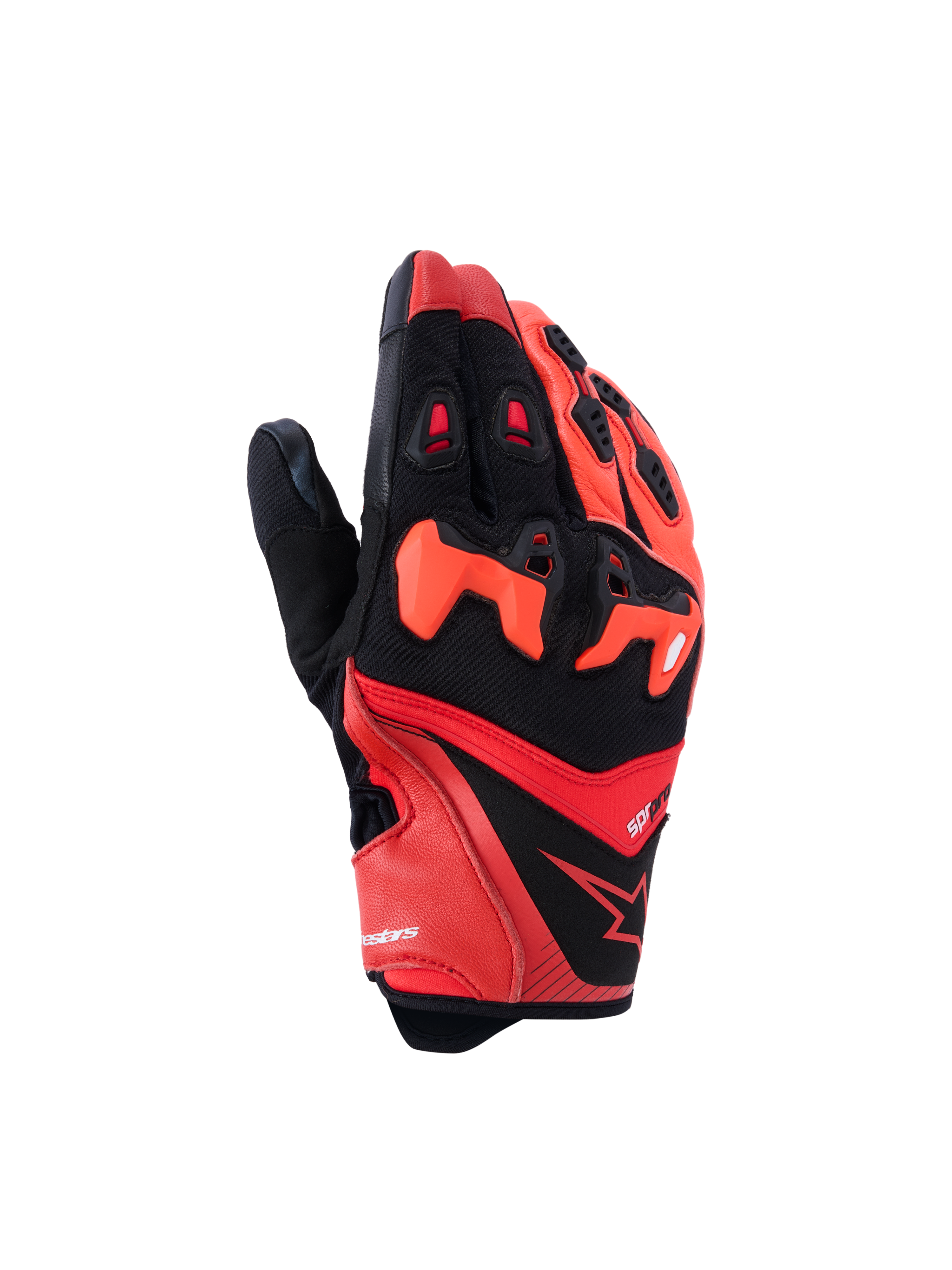 Guanti Alpinestars SP-R Pro, guanti da moto sportivi, rosso acceso, rosso fluo e nero, protezione nocche in TPU divisa, dita in pelle traforata per la ventilazione, design in pelle di capra e tessuto con logo a stella Alpinestars