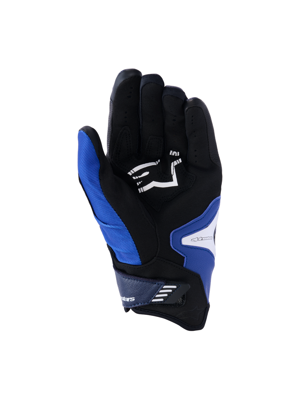 Guanti Alpinestars SP-R Pro, vista del palmo, blu acceso, navy e bianco, caratterizzati da un palmo in pelle sintetica nera con logo Alpinestars bianco, design a polsino corto con cinturino di chiusura in velcro e sezioni di presa rinforzate.