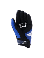 Guanti Alpinestars SP-R Pro, vista del palmo, blu acceso, navy e bianco, caratterizzati da un palmo in pelle sintetica nera con logo Alpinestars bianco, design a polsino corto con cinturino di chiusura in velcro e sezioni di presa rinforzate.