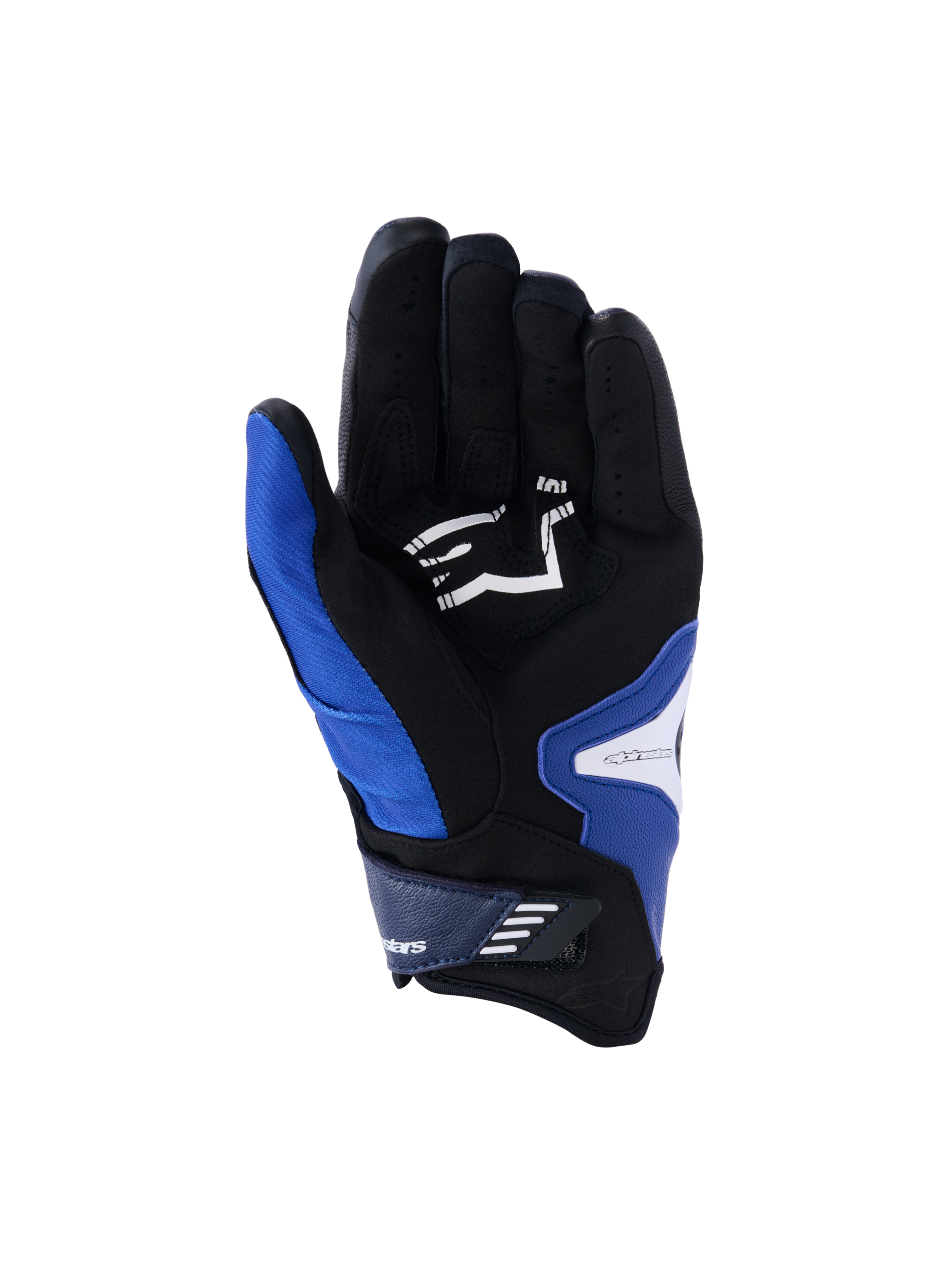 Guanti Alpinestars SP-R Pro, vista del palmo, blu acceso, navy e bianco, caratterizzati da un palmo in pelle sintetica nera con logo Alpinestars bianco, design a polsino corto con cinturino di chiusura in velcro e sezioni di presa rinforzate.