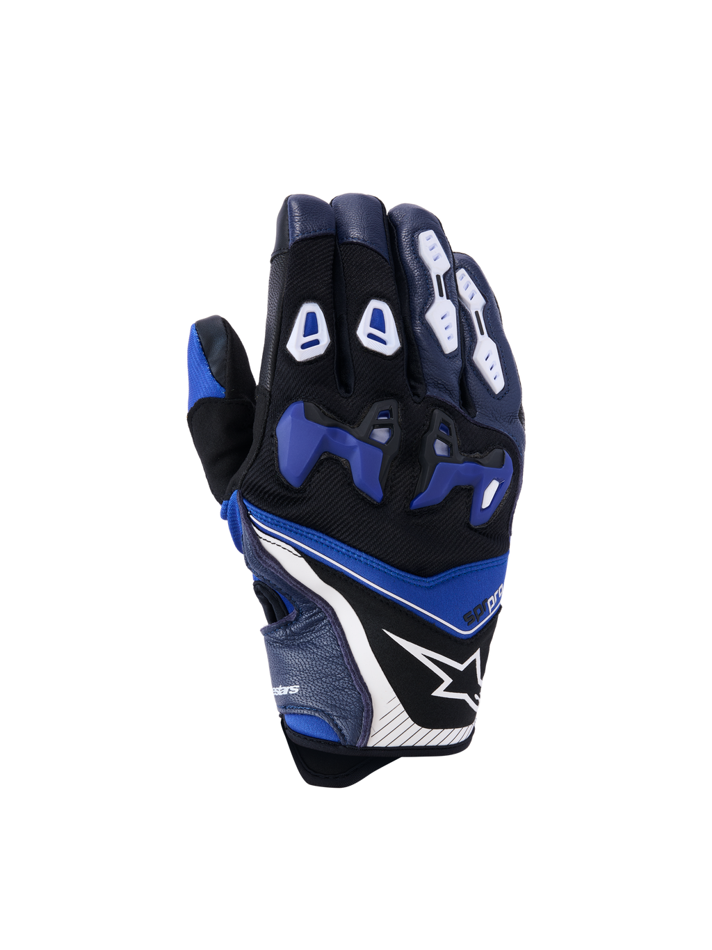 Guanti Alpinestars SP-R Pro, guanti da moto racing, blu brillante, navy e bianco, vista del dorso con protezione nocche in TPU divisa blu, protezioni dita bianche, logo a stella Alpinestars e design a polsino corto