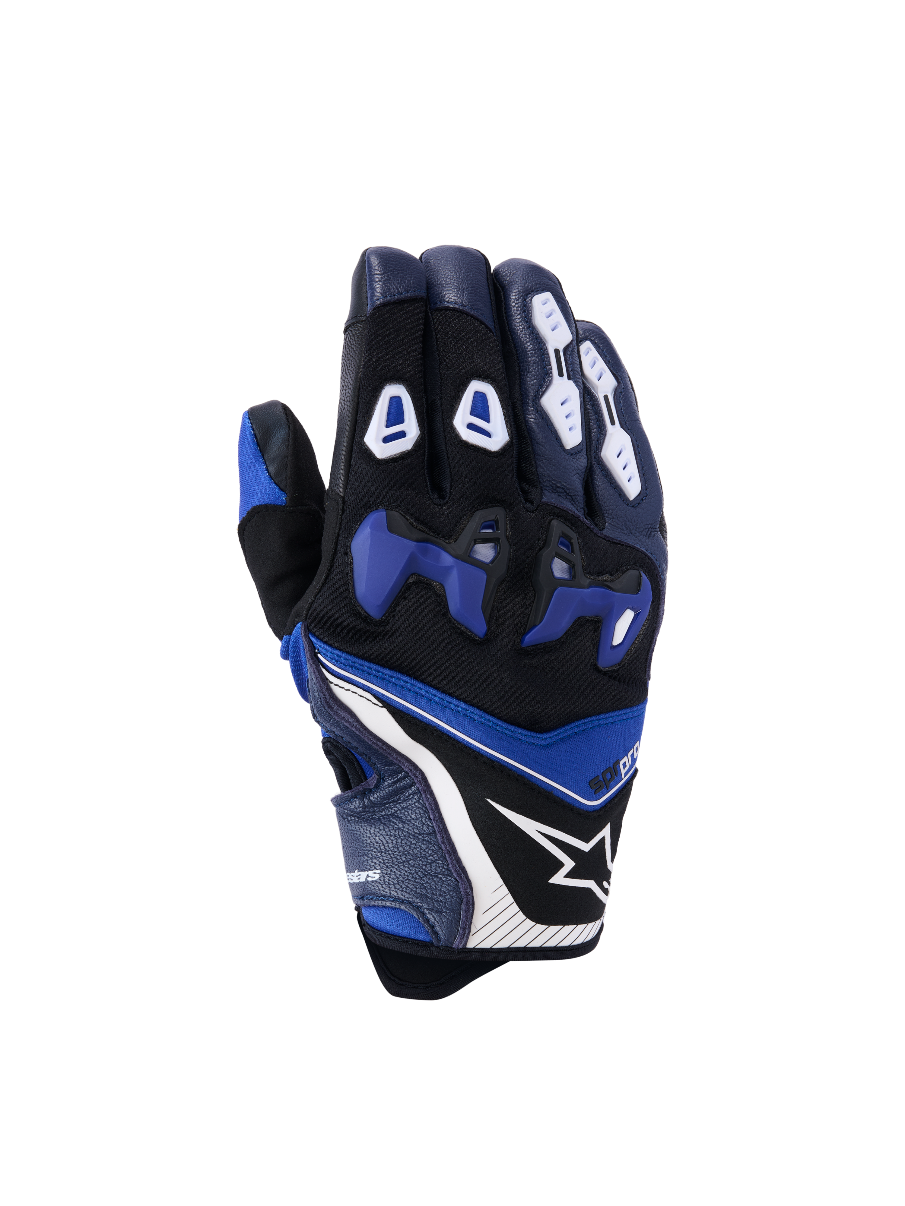 Guanti Alpinestars SP-R Pro, guanti da moto racing, blu brillante, navy e bianco, vista del dorso con protezione nocche in TPU divisa blu, protezioni dita bianche, logo a stella Alpinestars e design a polsino corto