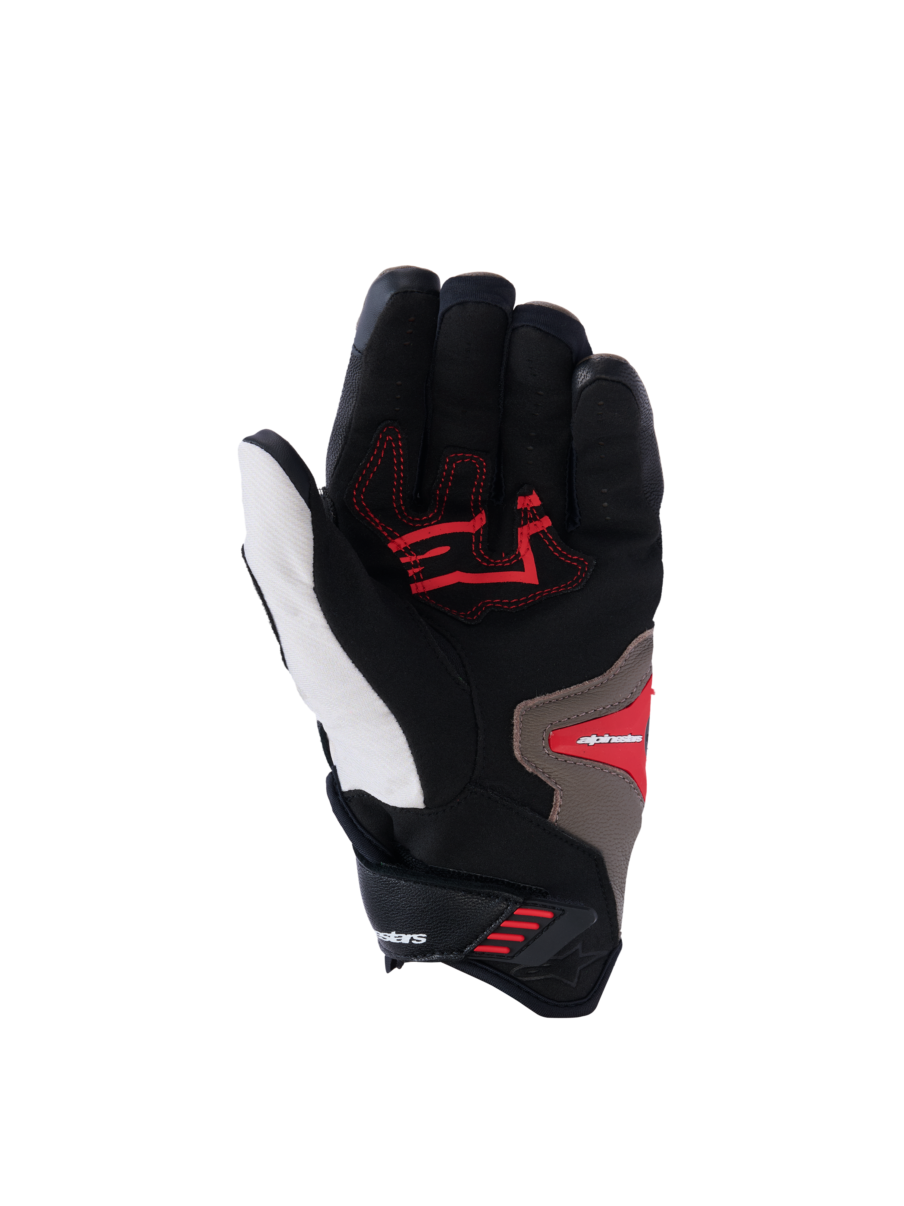 Guanti Alpinestars SP-R Pro, vista del palmo, colorazione Walnut Mastic Black, con inserti grip rossi su base nera e bianca con accenti beige, guanti da moto sportivi a polsino corto con palmo rinforzato e design ergonomico.