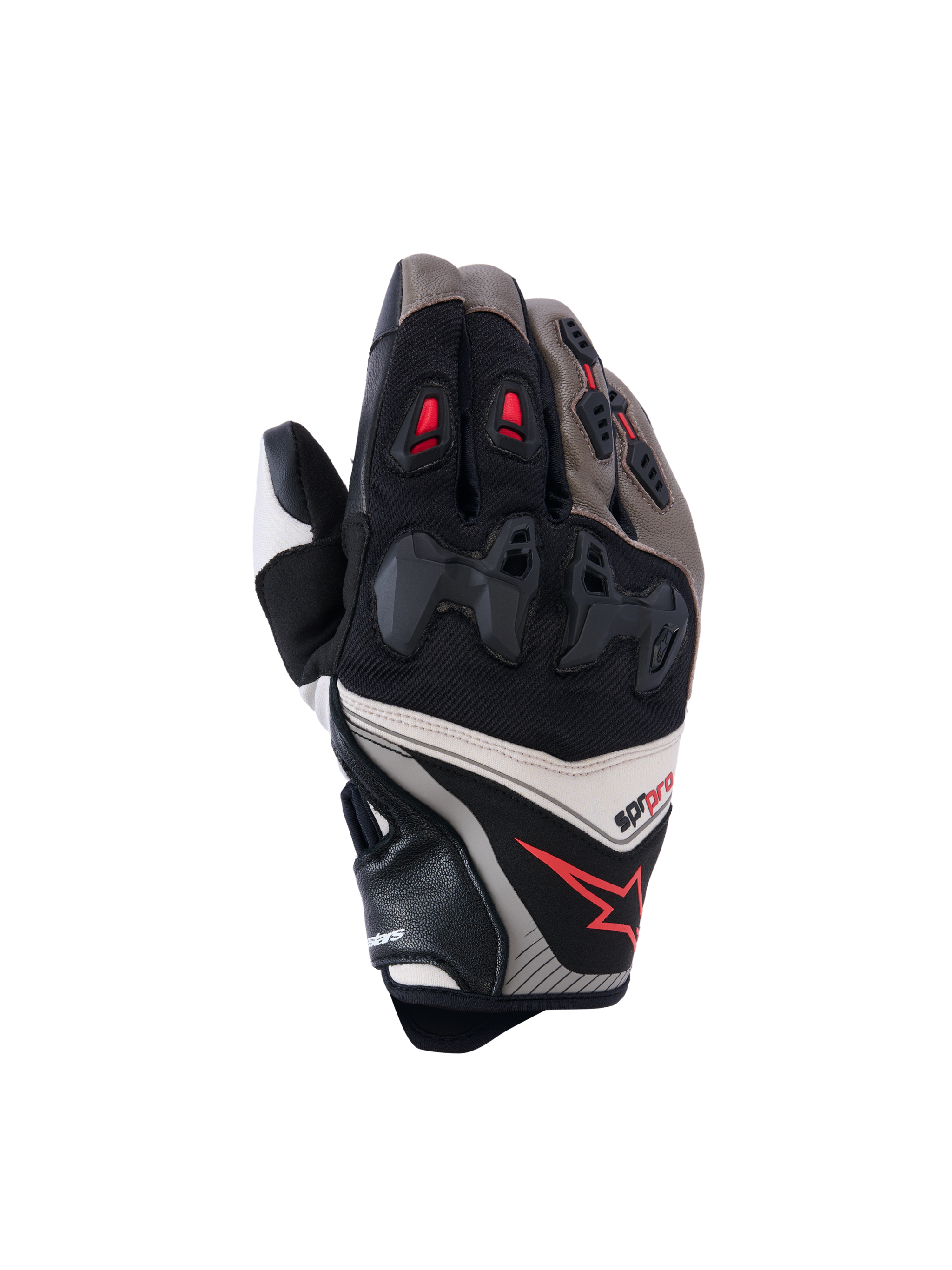 Alpinestars SP-R Pro Gloves, guanti da moto racing, nero, grigio e bianco con dettagli rossi, protezioni sulle nocche, materiali in pelle e tessuto, design ergonomico ad alte prestazioni
