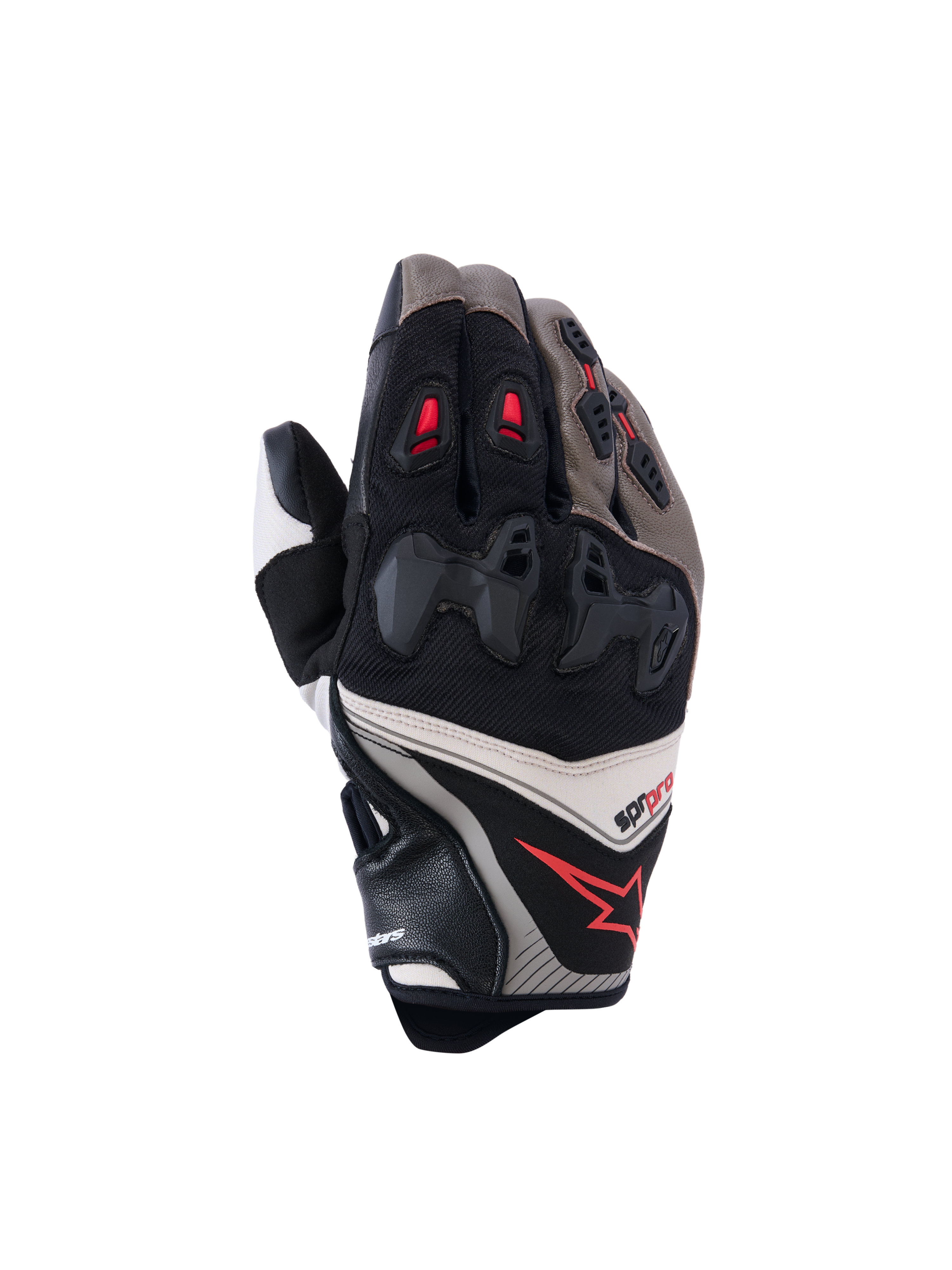 Guanti Alpinestars SP-R Pro, guanti da moto racing, noce, mastice e nero con dettagli rossi, protezione delle nocche suddivisa, costruzione in pelle e tessuto, design sportivo ad alte prestazioni