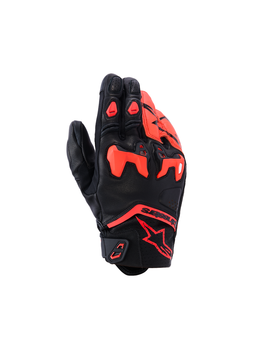 Guanti Alpinestars SP-R Tech, guanti da moto, nero e rosso fluo, con protezione nocche in TPU divisa e pannelli in pelle traforata, design sportivo a polsino corto con logo Astars rosso