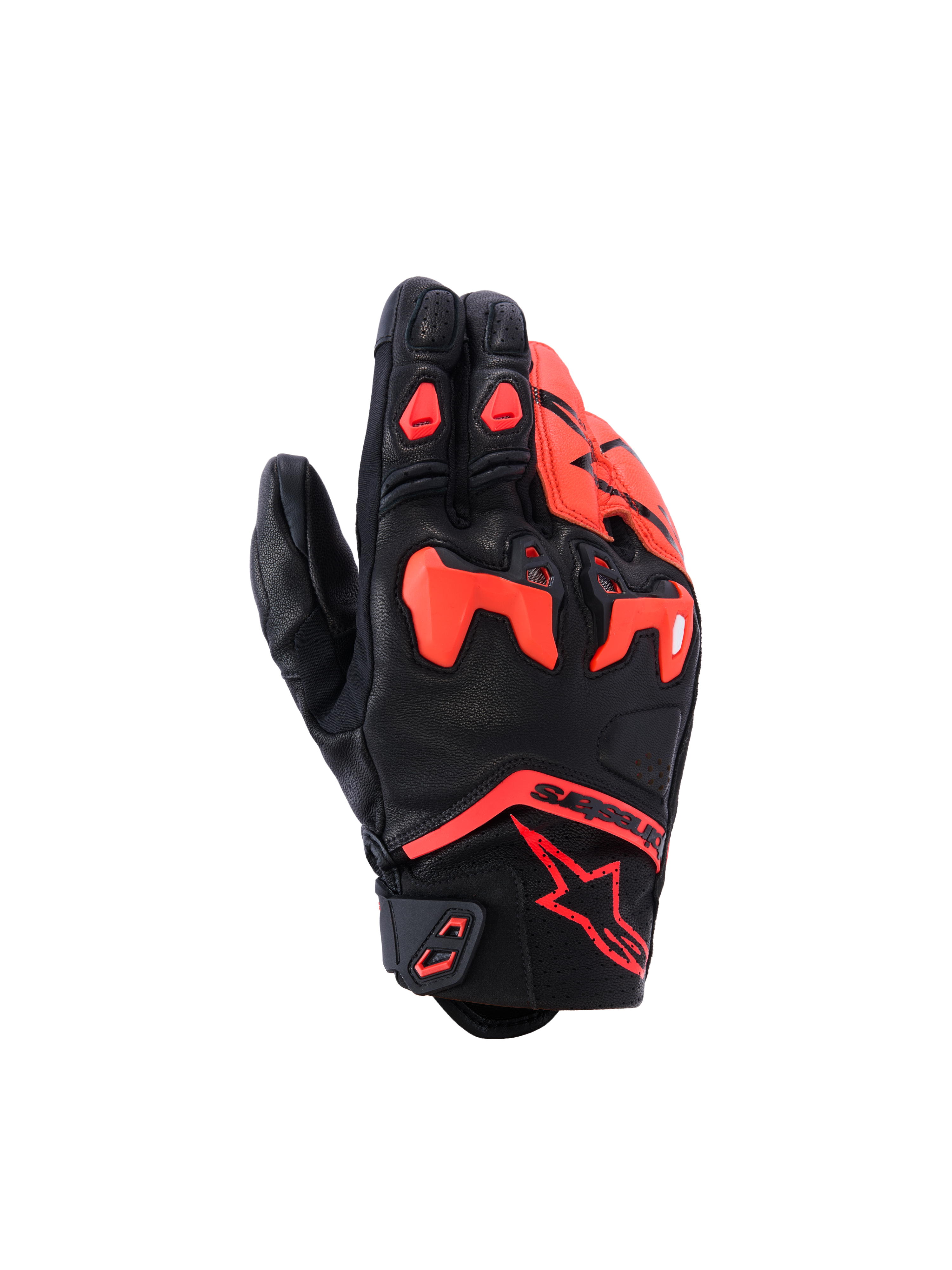 Guanti Alpinestars SP-R Tech, guanti da moto a polsino corto, nero e rosso fluo, con protezione per le nocche in TPU divisa, costruzione in pregiata pelle di capra e logo a stella Alpinestars sul polso