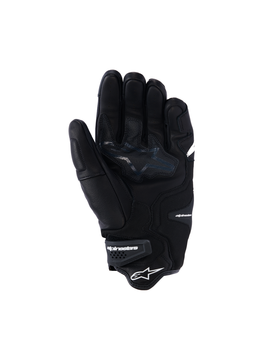 Guanti Alpinestars SP-R Tech, guanti da moto in pelle nera, vista del palmo con zone di presa rinforzate e logo a stella, polso elasticizzato con marchio Alpinestars, equipaggiamento per guida sportiva in pelle di capra