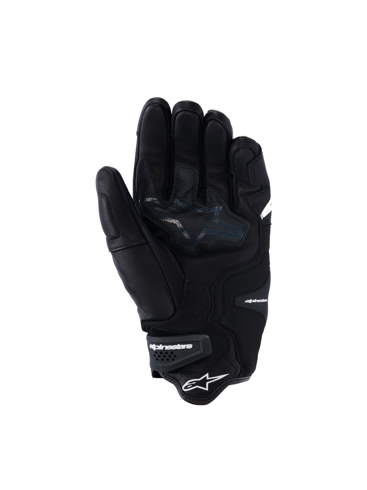 Guanti Alpinestars SP-R Tech, guanti da moto in pelle nera, vista del palmo con zone di presa rinforzate e logo a stella, polso elasticizzato con marchio Alpinestars, equipaggiamento per guida sportiva in pelle di capra