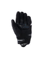 Guanti Alpinestars SP-R Tech, guanti da moto in pelle nera, vista del palmo con zone di presa rinforzate e logo a stella, polso elasticizzato con marchio Alpinestars, equipaggiamento per guida sportiva in pelle di capra