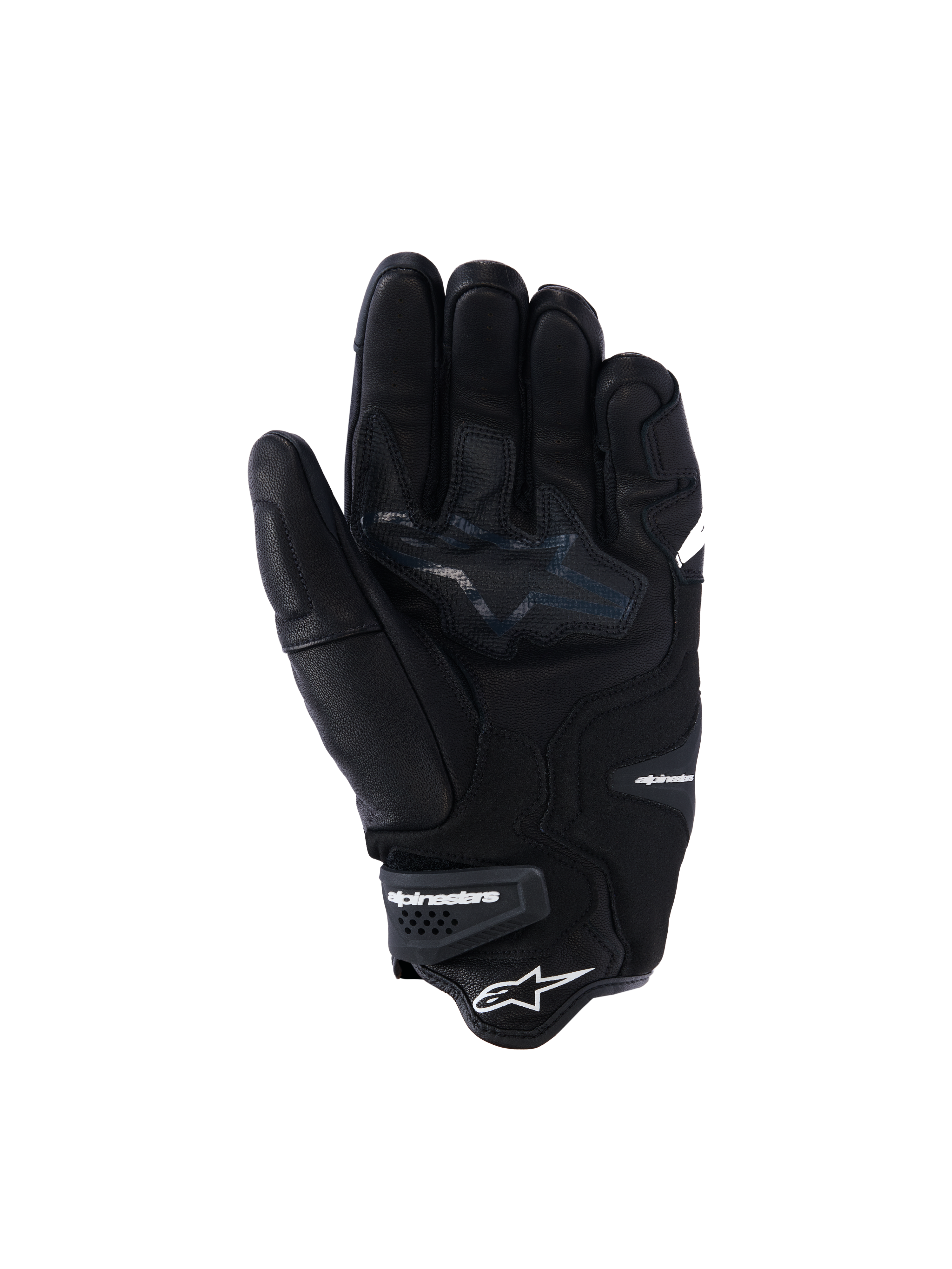 Guanti Alpinestars SP-R Tech, guanti da moto in pelle nera, vista del palmo con zone di presa rinforzate e logo a stella, polso elasticizzato con marchio Alpinestars, equipaggiamento per guida sportiva in pelle di capra