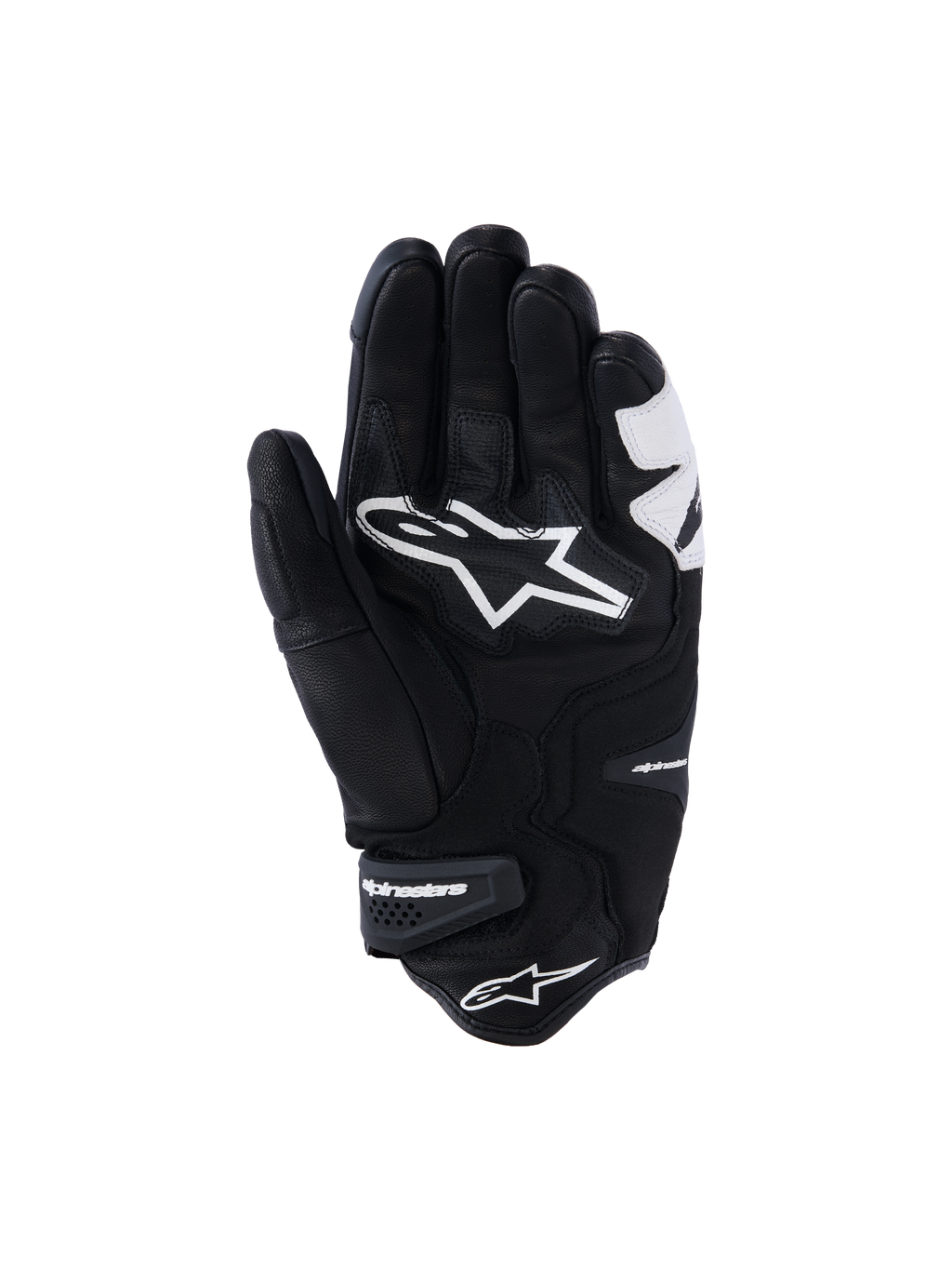 Guanti Alpinestars SP-R Tech, nero e bianco, vista del palmo con costruzione in pelle rinforzata, grande logo Alpinestars bianco sul palmo e polsino corto con cinturino in velcro logato, guanti da moto sportivi e da corsa