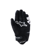 Guanti Alpinestars SP-R Tech, nero e bianco, vista del palmo con costruzione in pelle rinforzata, grande logo Alpinestars bianco sul palmo e polsino corto con cinturino in velcro logato, guanti da moto sportivi e da corsa