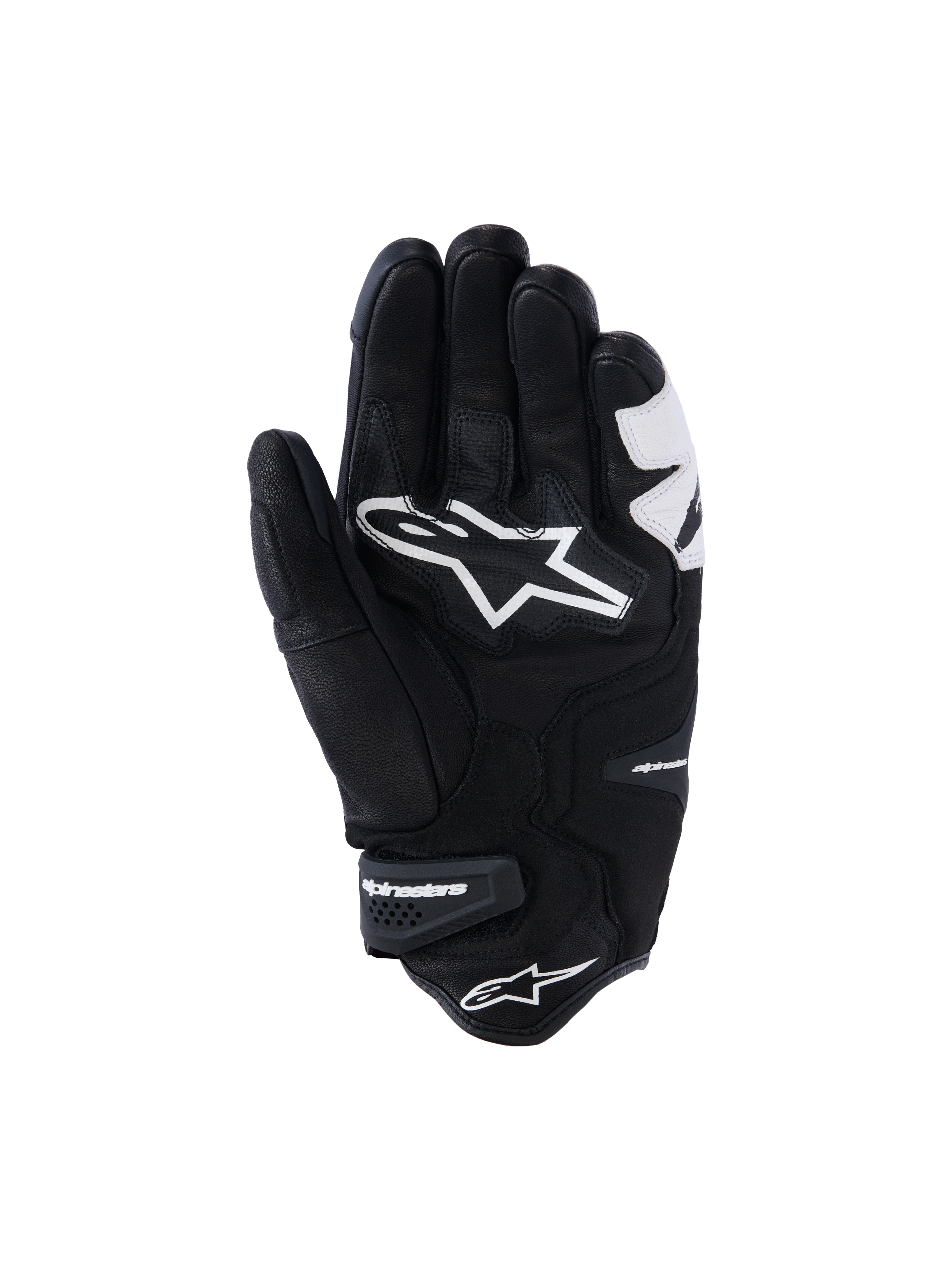 Guanti Alpinestars SP-R Tech, nero e bianco, vista del palmo con costruzione in pelle rinforzata, grande logo Alpinestars bianco sul palmo e polsino corto con cinturino in velcro logato, guanti da moto sportivi e da corsa