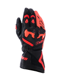 Guanti Alpinestars SP-9, guanti da moto racing e sportivi, nero e rosso fluo, costruzione in pelle di capra pieno fiore con protezione nocche SP-R in TPU diviso, dorso traforato per il flusso d'aria, polsino lungo con logo rosso, equipaggiamento protettivo ad alte prestazioni per guida sportiva.
