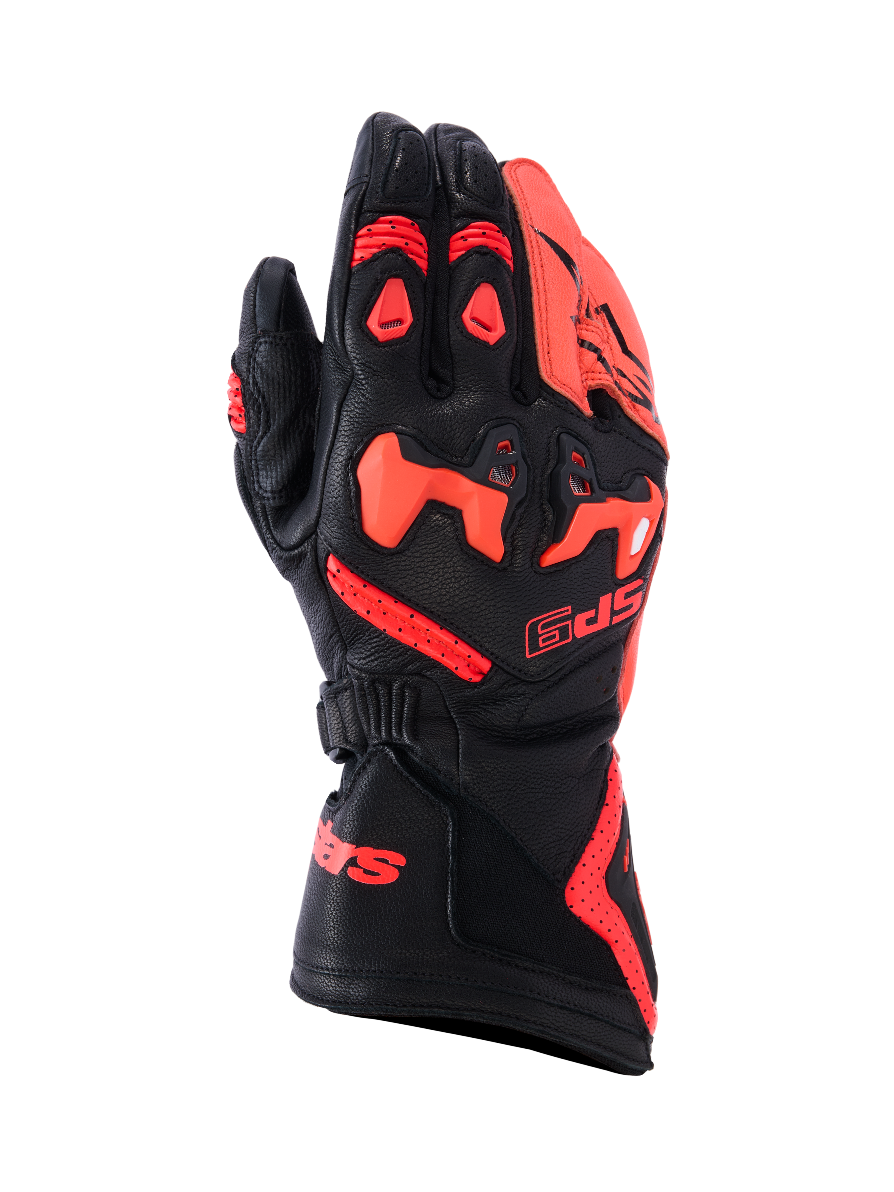 Guanti Alpinestars SP-9, guanti da moto racing e sportivi, nero e rosso fluo, costruzione in pelle di capra pieno fiore con protezione nocche SP-R in TPU diviso, dorso traforato per il flusso d'aria, polsino lungo con logo rosso, equipaggiamento protettivo ad alte prestazioni per guida sportiva.