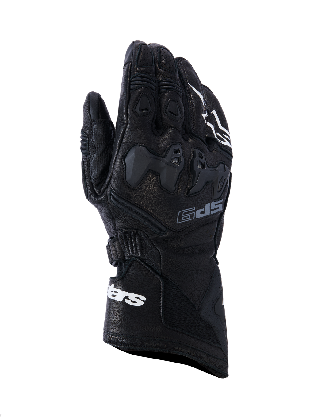 Guanti Alpinestars SP-9, guanti da moto racing neri, pelle pieno fiore con protezione nocche in TPU SP-R, polsino lungo con logo Alpinestars bianco, dettagli traforati e design sportivo ergonomico