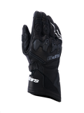 Guanti Alpinestars SP-9, guanti da moto racing neri, pelle pieno fiore con protezione nocche in TPU SP-R, polsino lungo con logo Alpinestars bianco, dettagli traforati e design sportivo ergonomico
