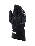 Guanti Alpinestars SP-9, guanti da moto racing neri, pelle pieno fiore con protezione nocche in TPU SP-R, polsino lungo con logo Alpinestars bianco, dettagli traforati e design sportivo ergonomico