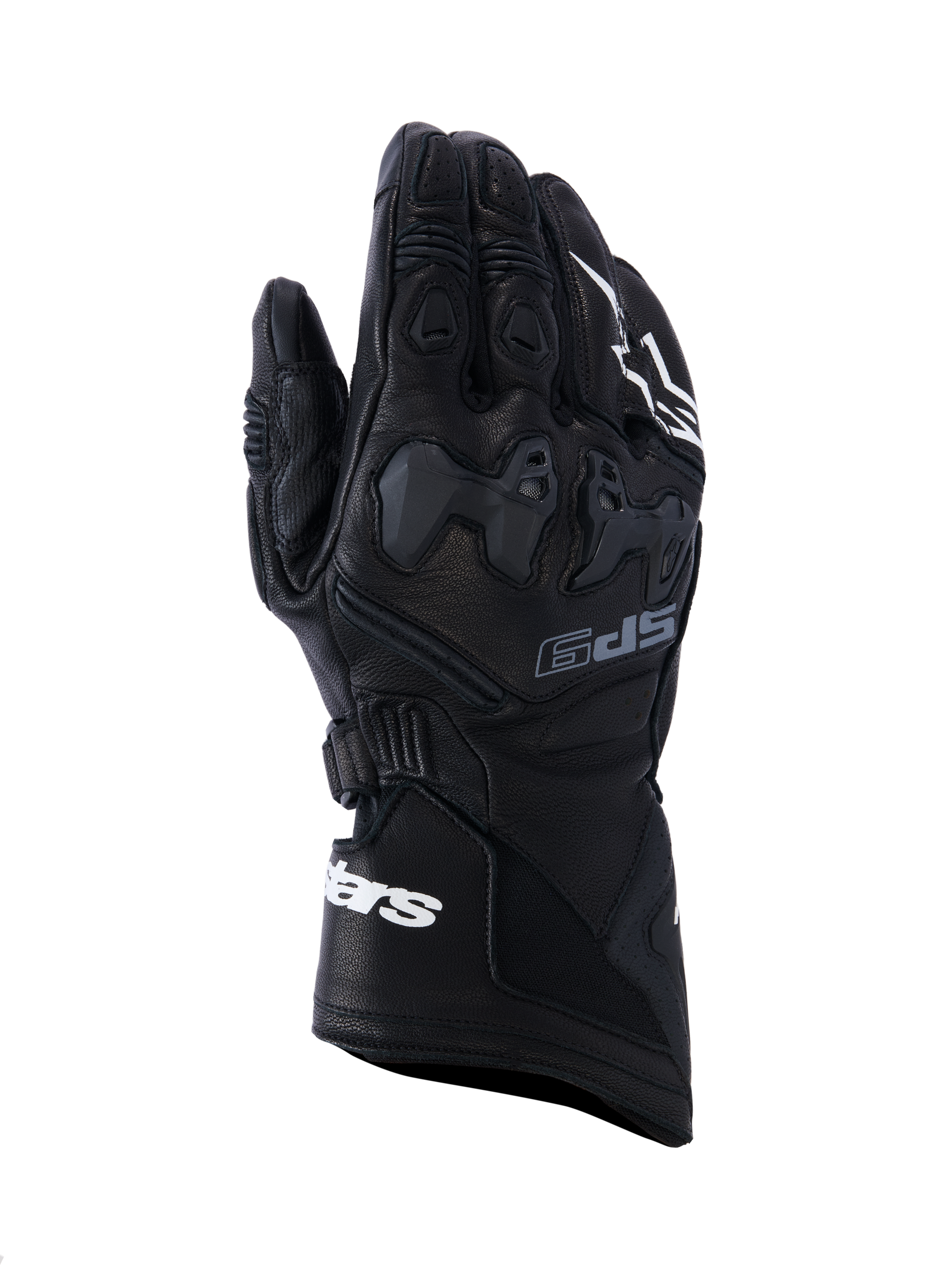 Alpinestars SP-9, guanti da moto racing, nero con loghi bianchi, protezioni sulle nocche e dita, superficie in pelle testurizzata con inserti gommati per grip, chiusura al polso, design ergonomico ad alte prestazioni