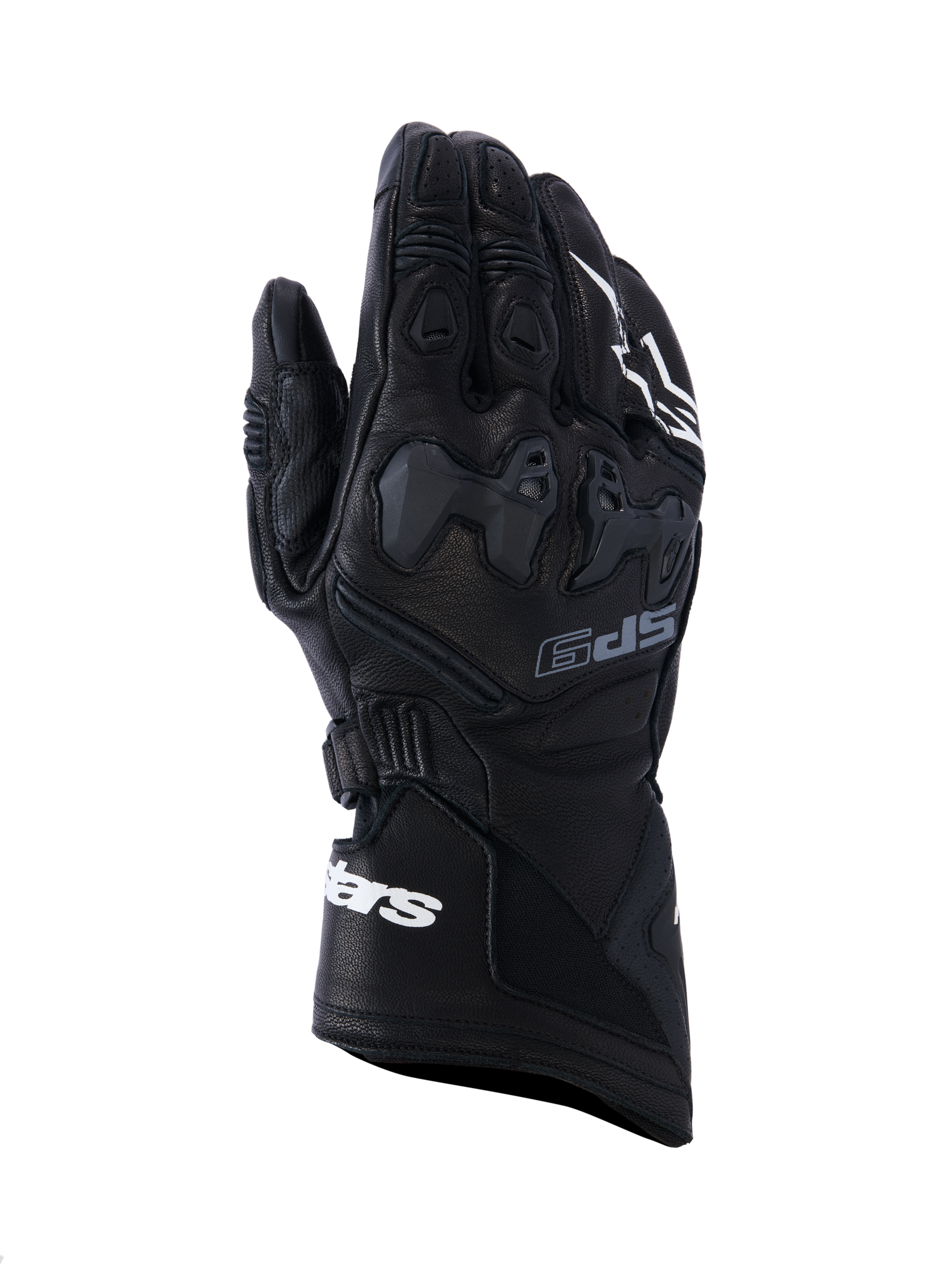 Guanti Alpinestars SP-9, guanti da moto racing neri, pelle pieno fiore con protezione nocche in TPU SP-R, polsino lungo con logo Alpinestars bianco, dettagli traforati e design sportivo ergonomico