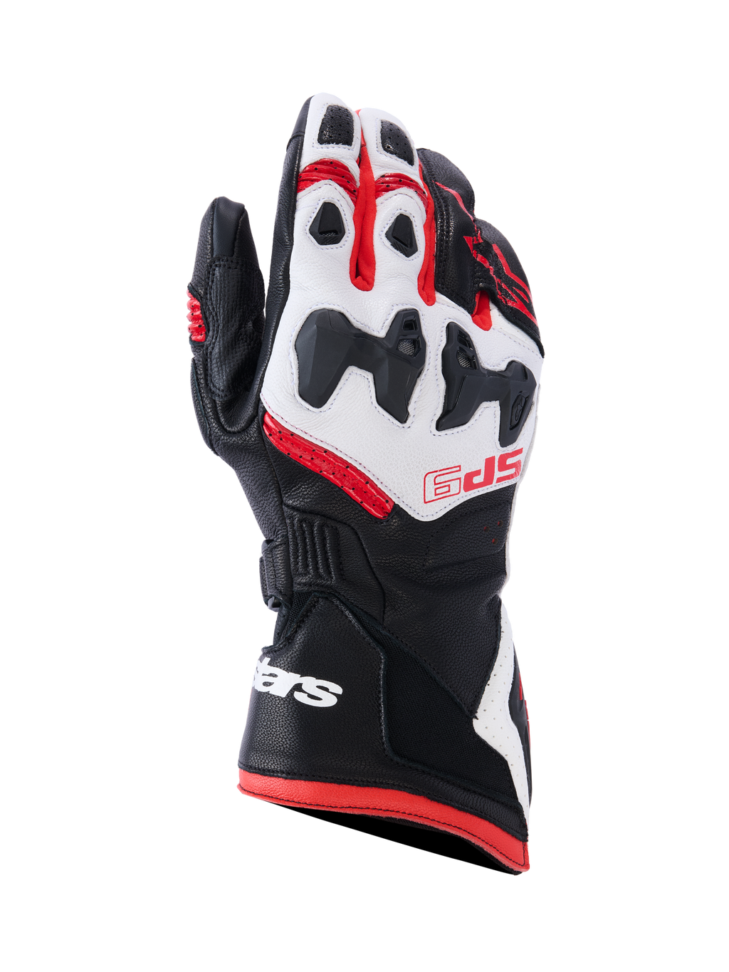 Alpinestars SP-9 Gloves, guanti racing da moto, nero, bianco e rosso brillante, con protezione per le nocche suddivisa SP-R, pelle di capra traforata, marchio SP-9 rosso sul dorso e logo bianco sul polsino lungo a doppia chiusura.