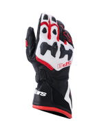 Alpinestars SP-9 Gloves, guanti racing da moto, nero, bianco e rosso brillante, con protezione per le nocche suddivisa SP-R, pelle di capra traforata, marchio SP-9 rosso sul dorso e logo bianco sul polsino lungo a doppia chiusura.