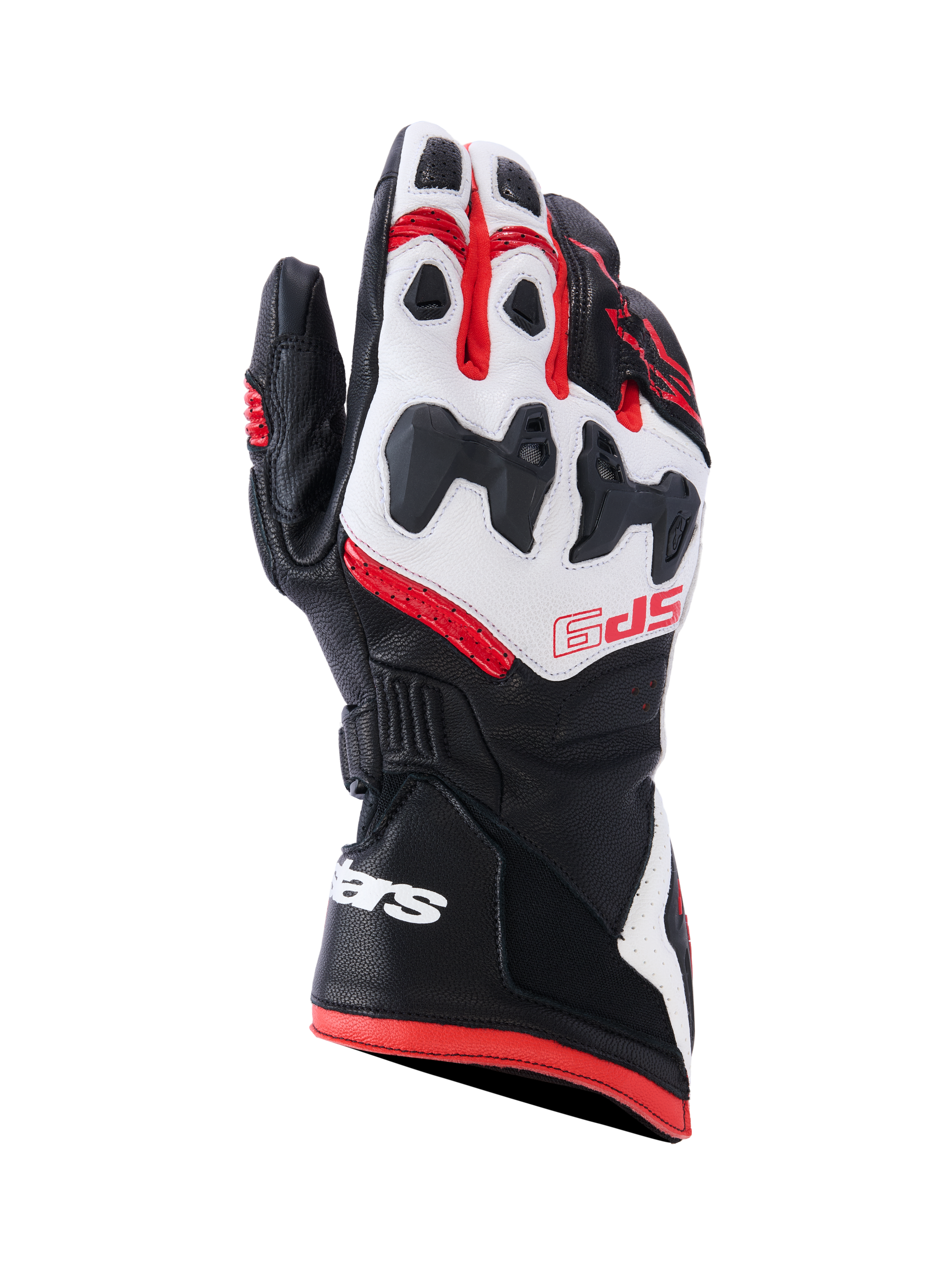 Alpinestars SP-9 Gloves, guanti racing da moto, nero, bianco e rosso brillante, con protezione per le nocche suddivisa SP-R, pelle di capra traforata, marchio SP-9 rosso sul dorso e logo bianco sul polsino lungo a doppia chiusura.