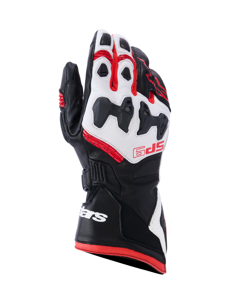 Alpinestars SP-9 Gloves, guanti racing da moto, nero, bianco e rosso brillante, con protezione per le nocche suddivisa SP-R, pelle di capra traforata, marchio SP-9 rosso sul dorso e logo bianco sul polsino lungo a doppia chiusura.