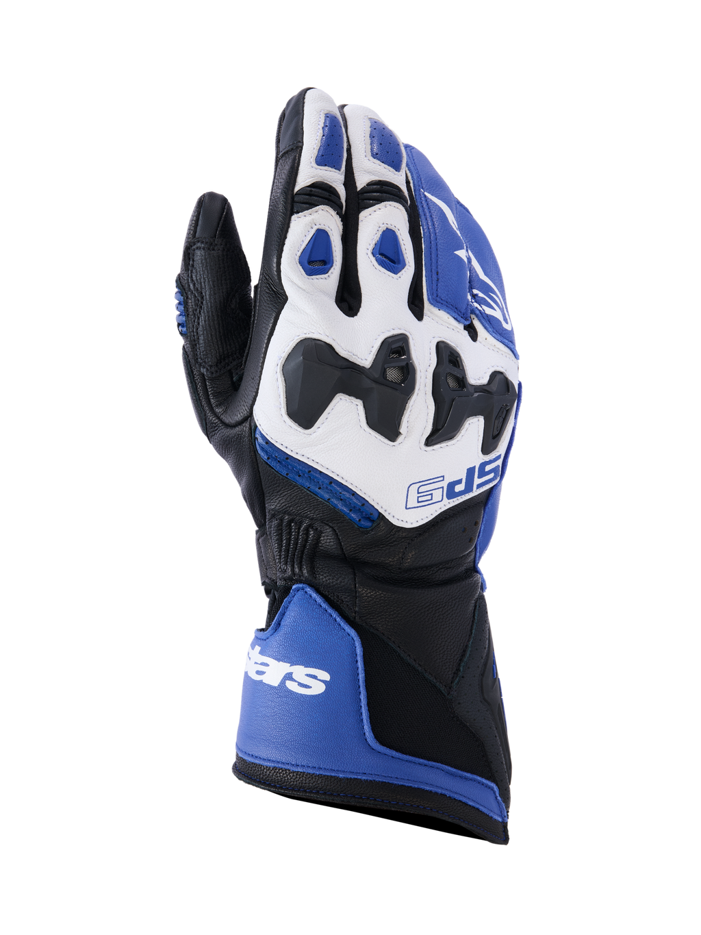 Guanti Alpinestars SP-9, guanti da moto racing e sportivi, blu brillante, bianco e nero, realizzati in pelle di capra con protezione nocche divise SP-R, polsino lungo con doppia chiusura, design sportivo per prestazioni in pista e su strada