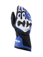 Guanti Alpinestars SP-9, guanti da moto racing e sportivi, blu brillante, bianco e nero, realizzati in pelle di capra con protezione nocche divise SP-R, polsino lungo con doppia chiusura, design sportivo per prestazioni in pista e su strada