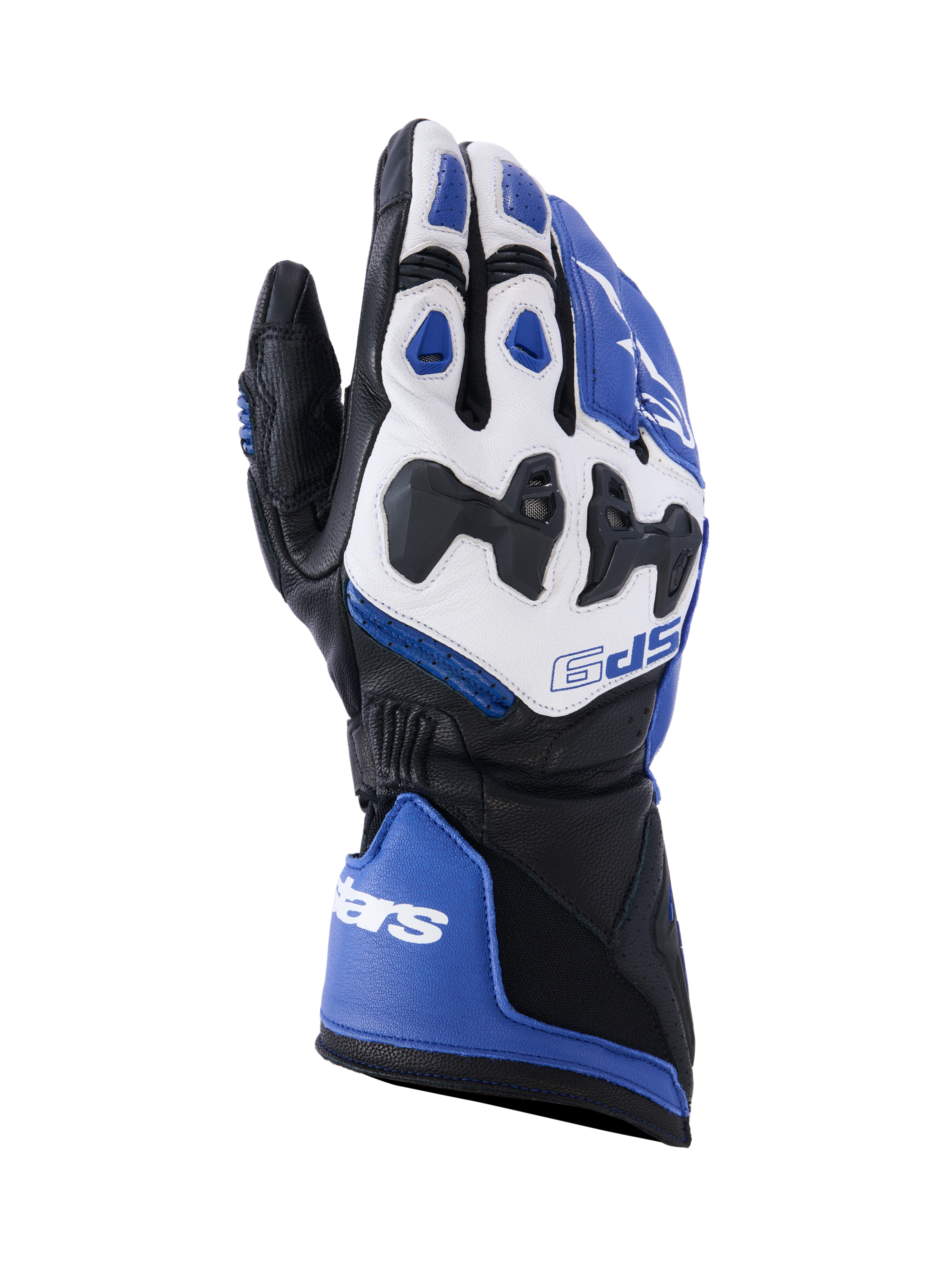Guanti Alpinestars SP-9, guanti da moto racing e sportivi, blu brillante, bianco e nero, realizzati in pelle di capra con protezione nocche divise SP-R, polsino lungo con doppia chiusura, design sportivo per prestazioni in pista e su strada