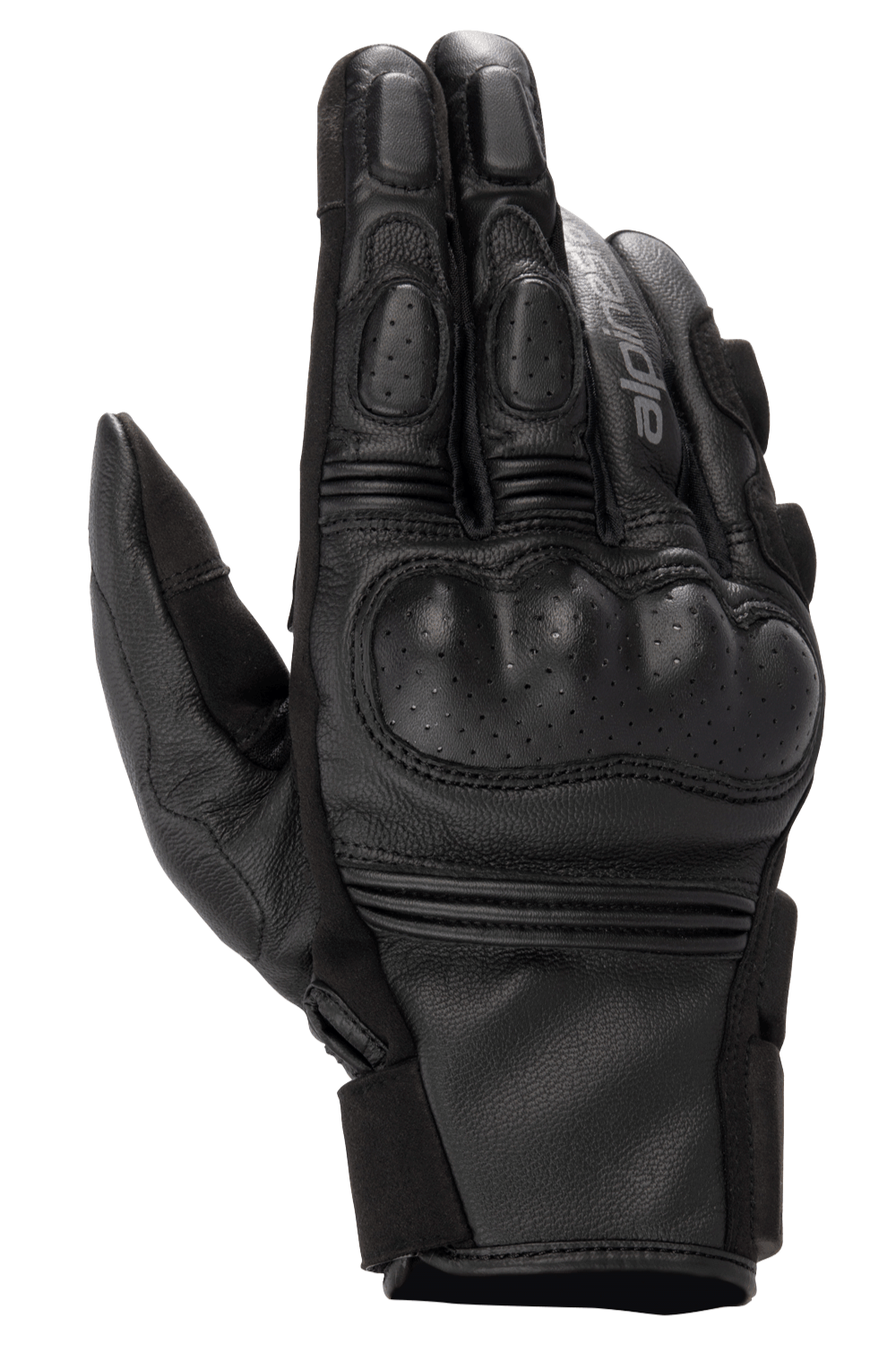 Alpinestars Phenom Leather Gloves, guanti da moto, nero, vista dall'alto che mostra la protezione rigida delle nocche traforata, dita rinforzate, inserti elasticizzati a soffietto e struttura in pregiata pelle di capra.