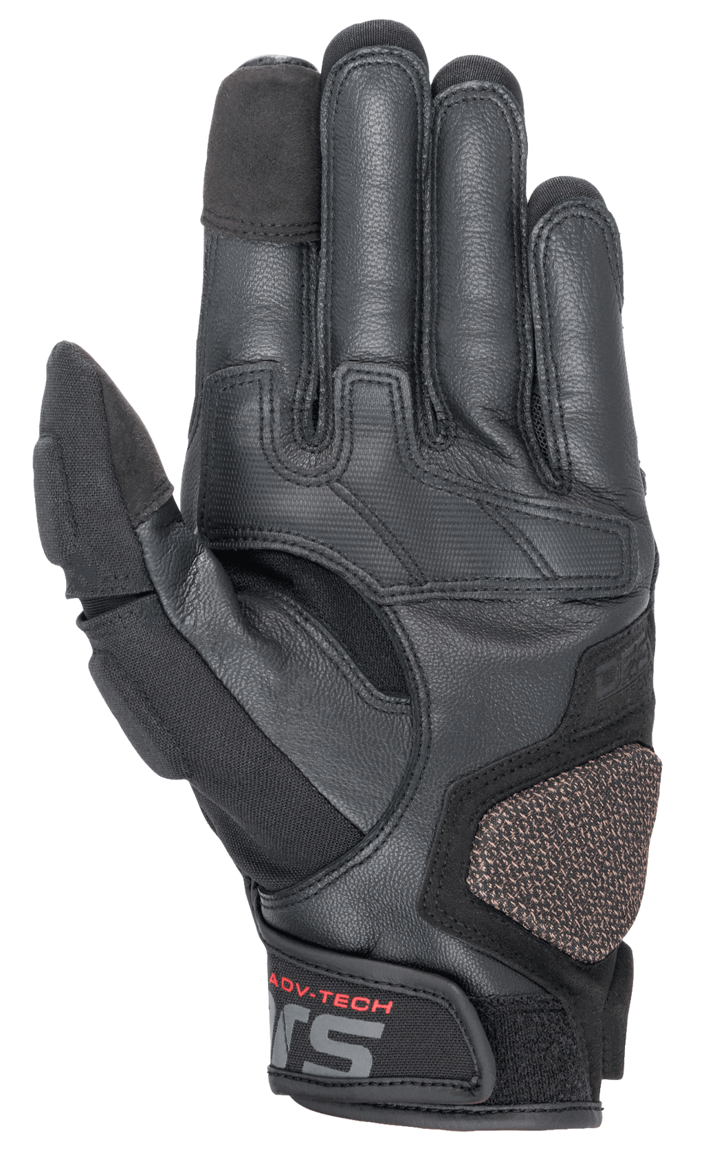 Guanti in pelle Alpinestars Halo, guanti da moto adventure, nero, vista del palmo con costruzione in pelle e tessuto, ARshield landing pad rinforzato, grip in gomma e polpastrelli compatibili con touchscreen