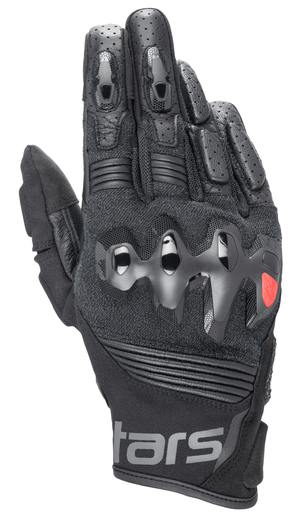 Guanti in pelle Alpinestars Halo, guanti da moto neri con protezione nocche rigida sovra-iniettata, dita in pelle perforata, costruzione in mesh e pelle, dettaglio logo rosso