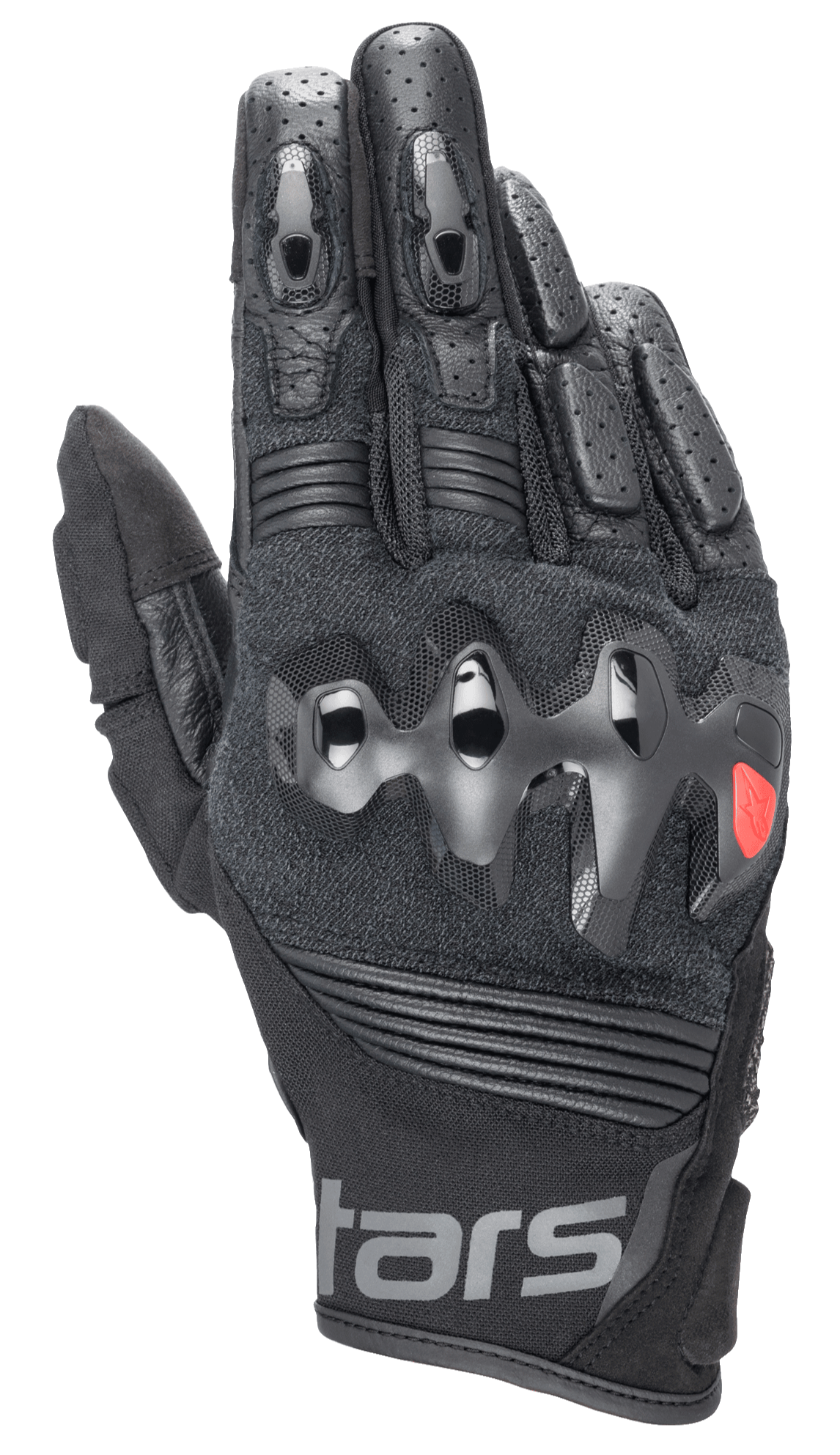 Guanti in pelle Alpinestars Halo, guanti da moto neri con protezione nocche rigida sovra-iniettata, dita in pelle perforata, costruzione in mesh e pelle, dettaglio logo rosso